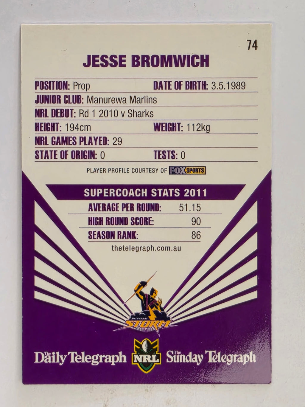NRL 2012 Daily Telegraph | #074 Jesse Bromwich | Melbourne Storm
