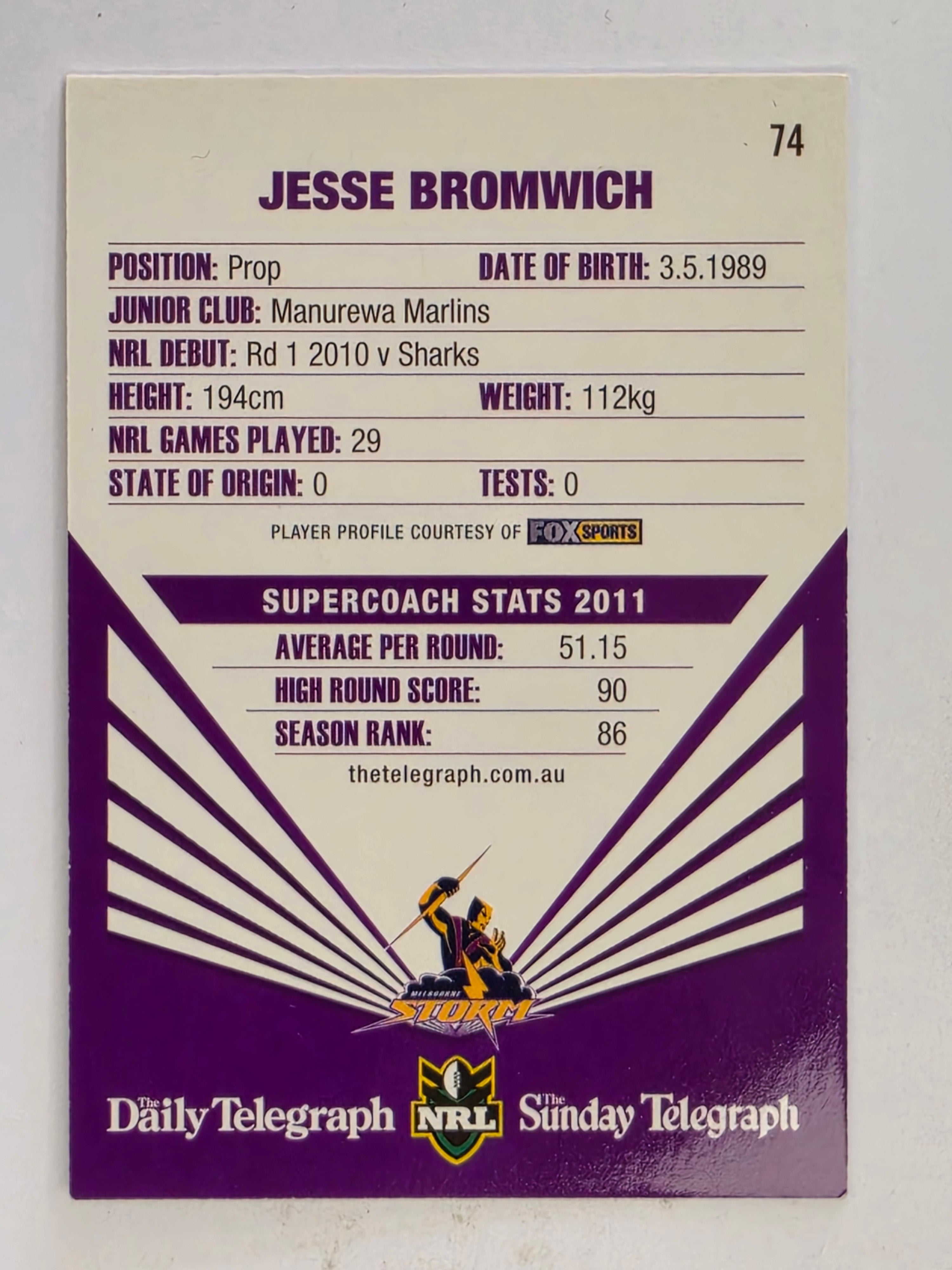 NRL 2012 Daily Telegraph | #074 Jesse Bromwich | Melbourne Storm
