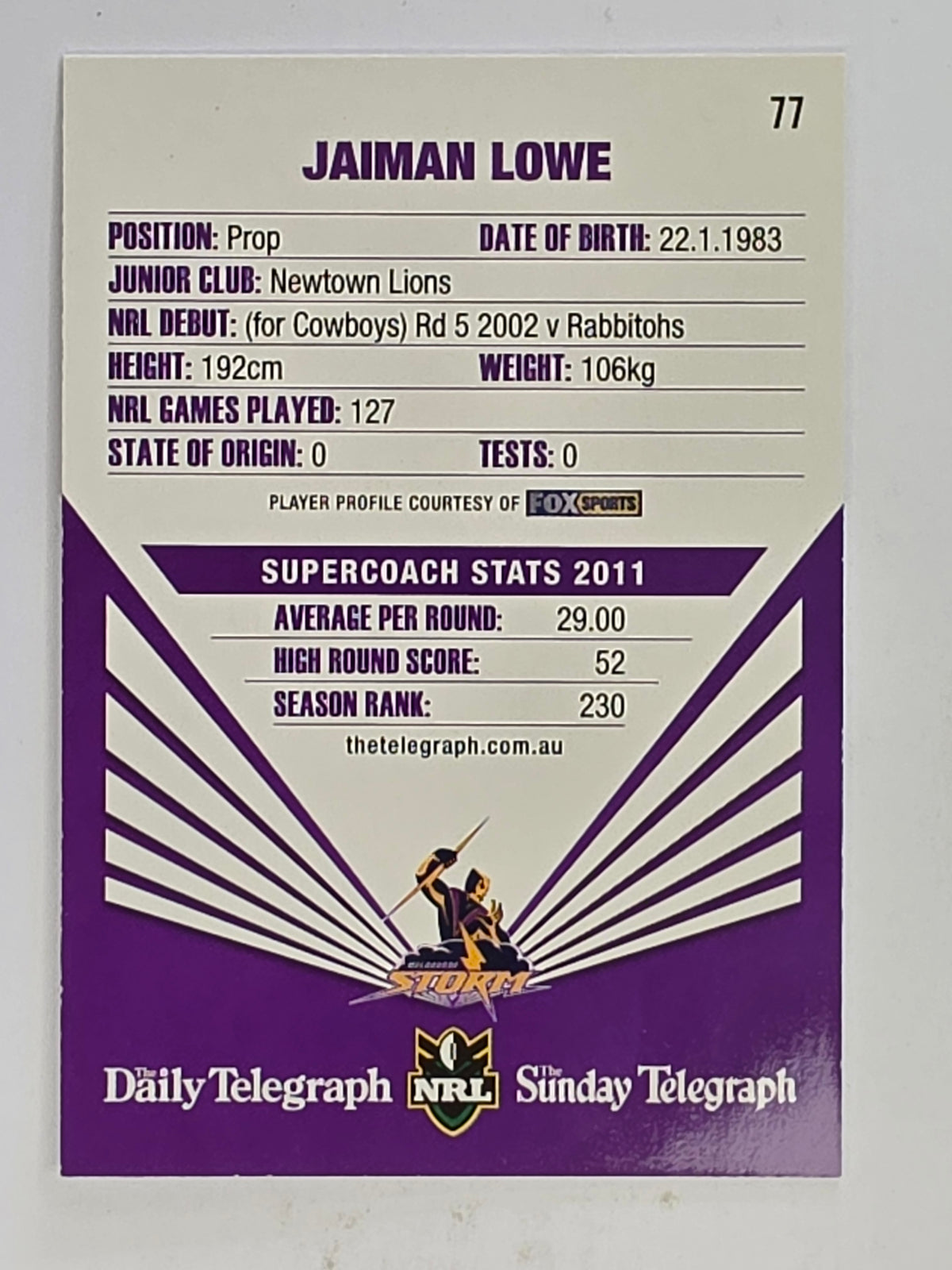 NRL 2012 Daily Telegraph | #077 Jaiman Lowe | Melbourne Storm