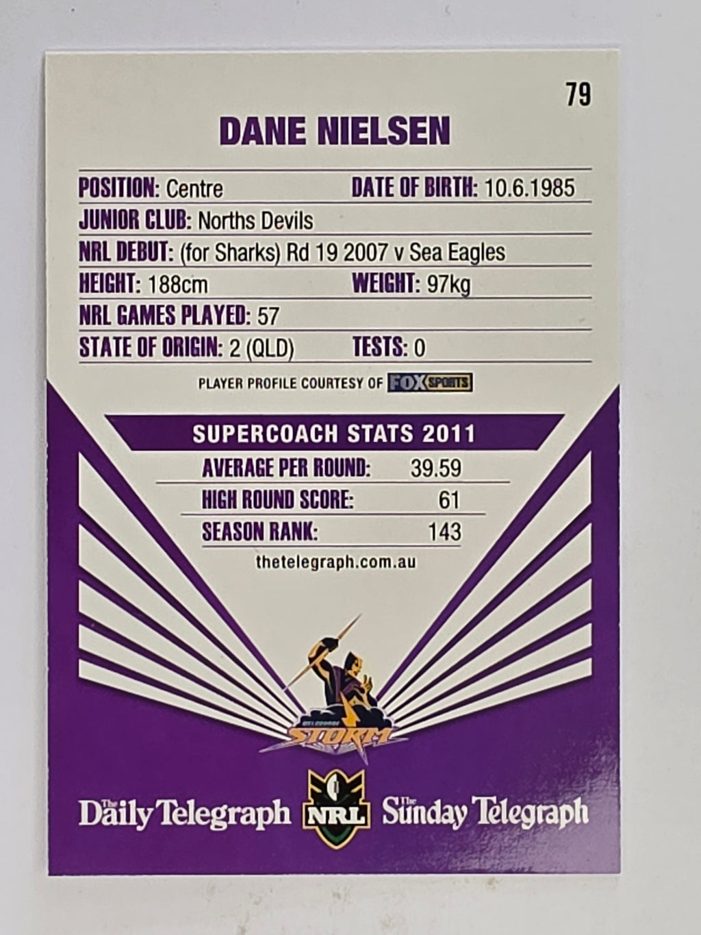 NRL 2012 Daily Telegraph | #079 Dane Nielsen | Melbourne Storm