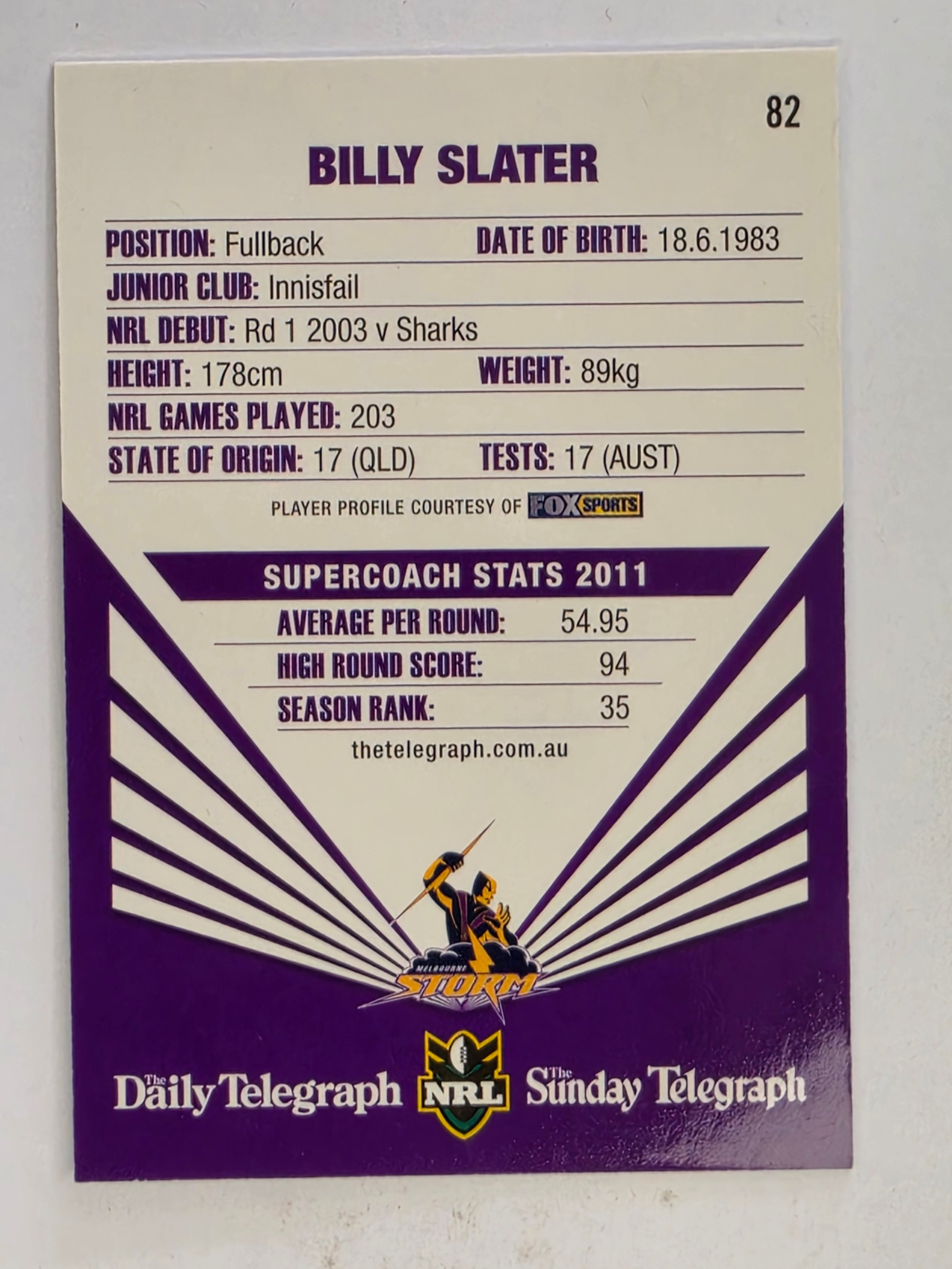 NRL 2012 Daily Telegraph | #082 Billy Slater | Melbourne Storm