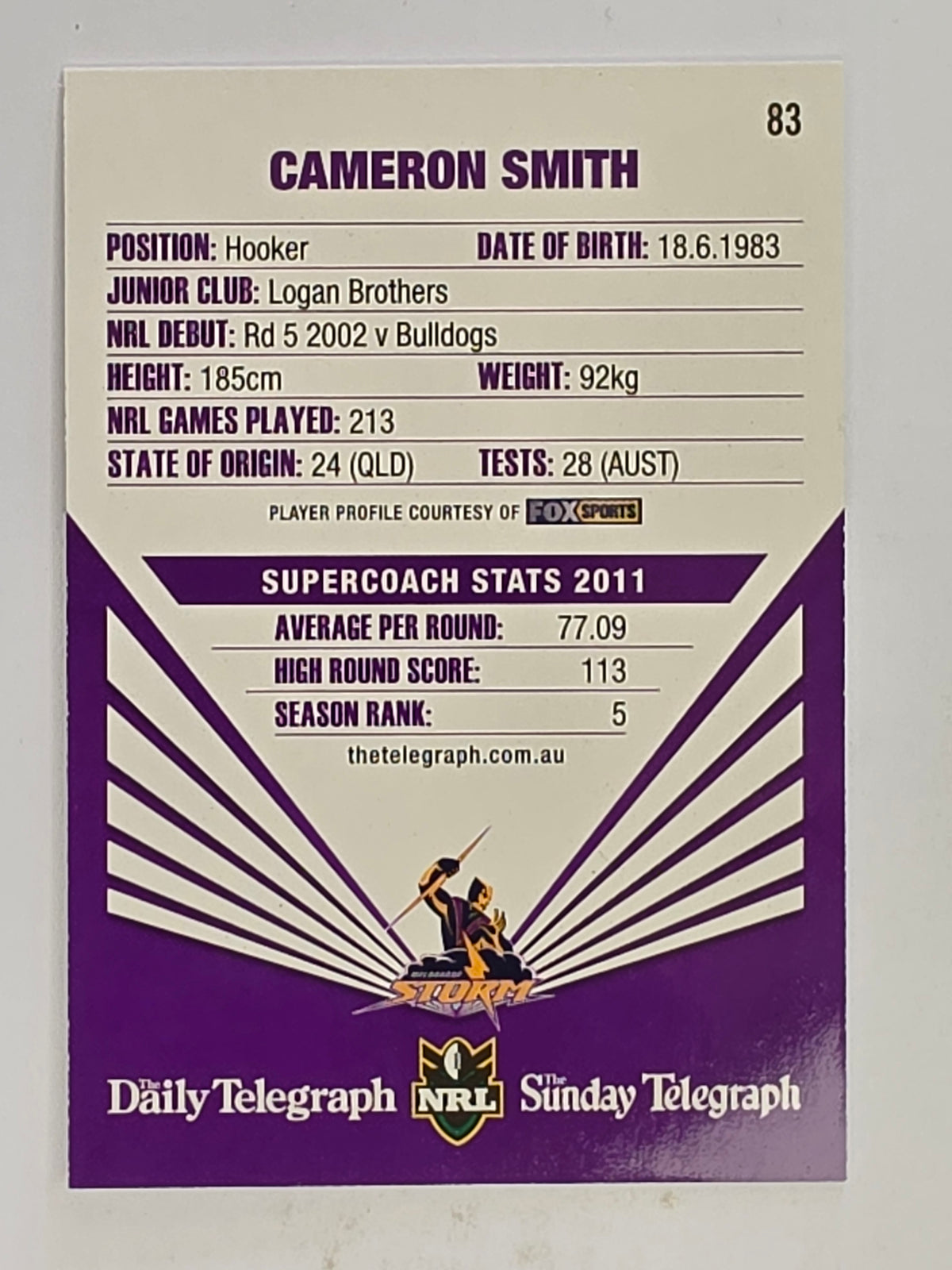 NRL 2012 Daily Telegraph | #083 Cameron Smith | Melbourne Storm