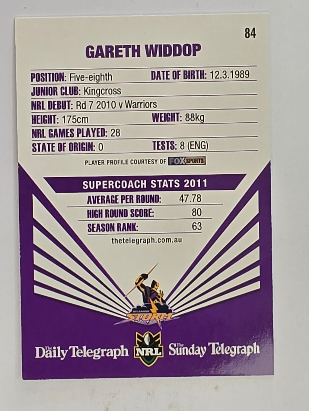 NRL 2012 Daily Telegraph | #084 Gareth Widdop | Melbourne Storm