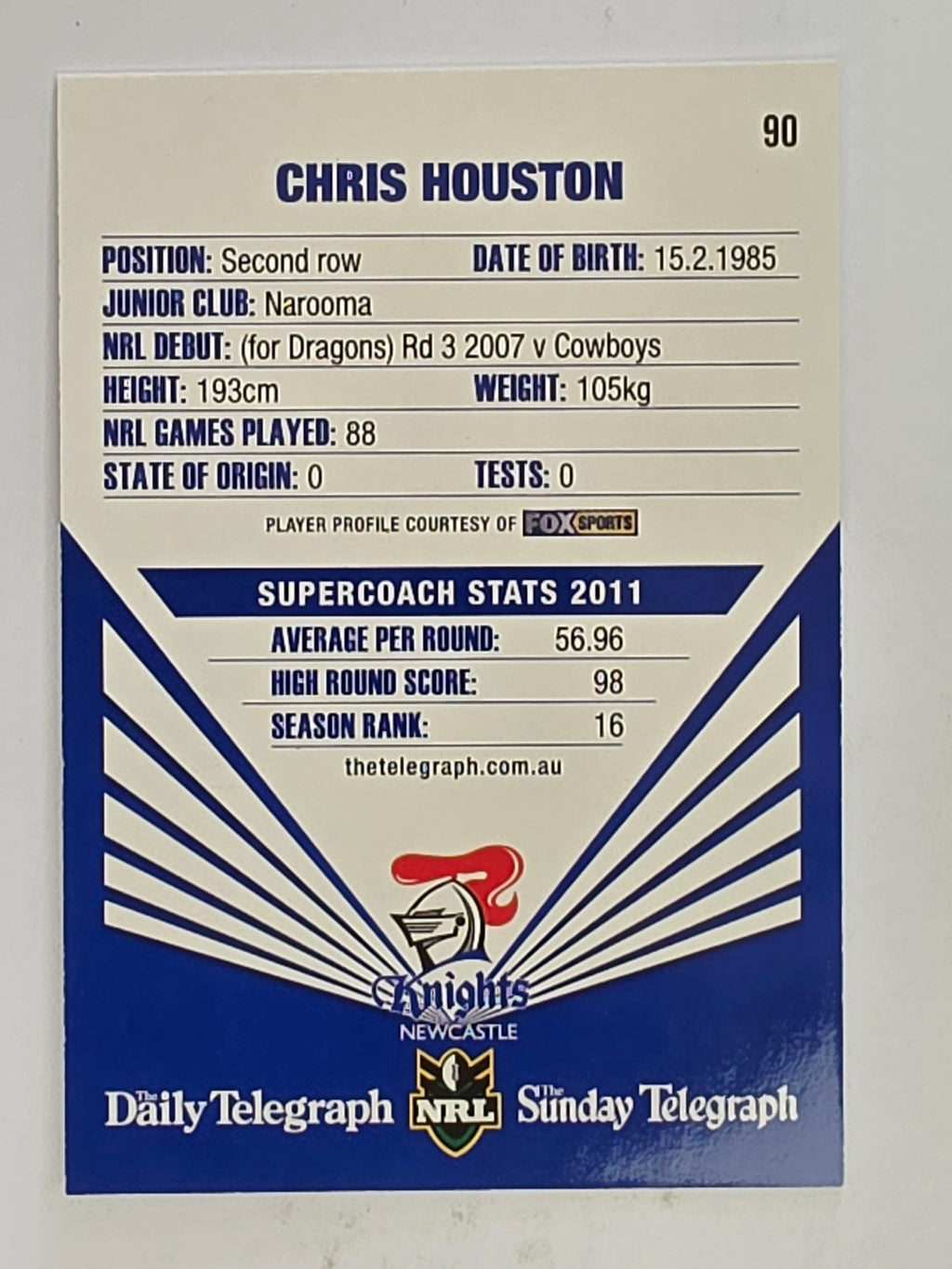 NRL 2012 Daily Telegraph | #090 Chris Houston | Newcastle Knights