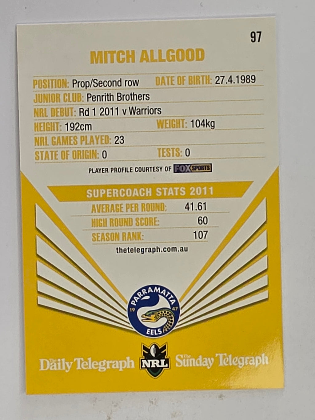 NRL 2012 Daily Telegraph | #097 Mitch Allgood | Parramatta Eels