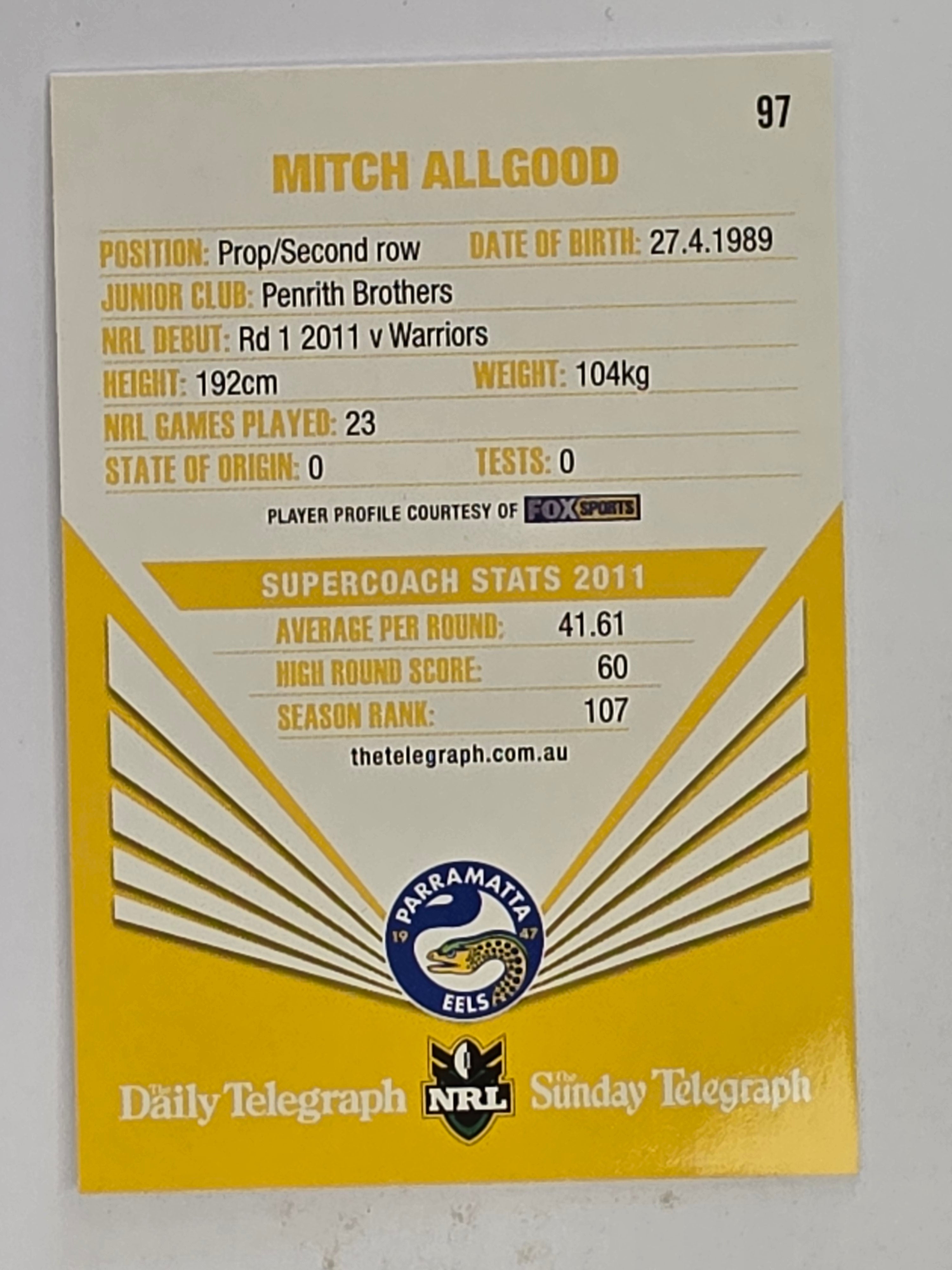 NRL 2012 Daily Telegraph | #097 Mitch Allgood | Parramatta Eels