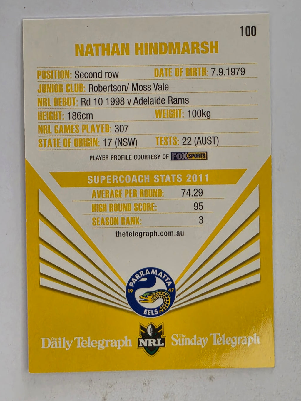 NRL 2012 Daily Telegraph | #100 Nathan Hindmarsh | Parramatta Eels