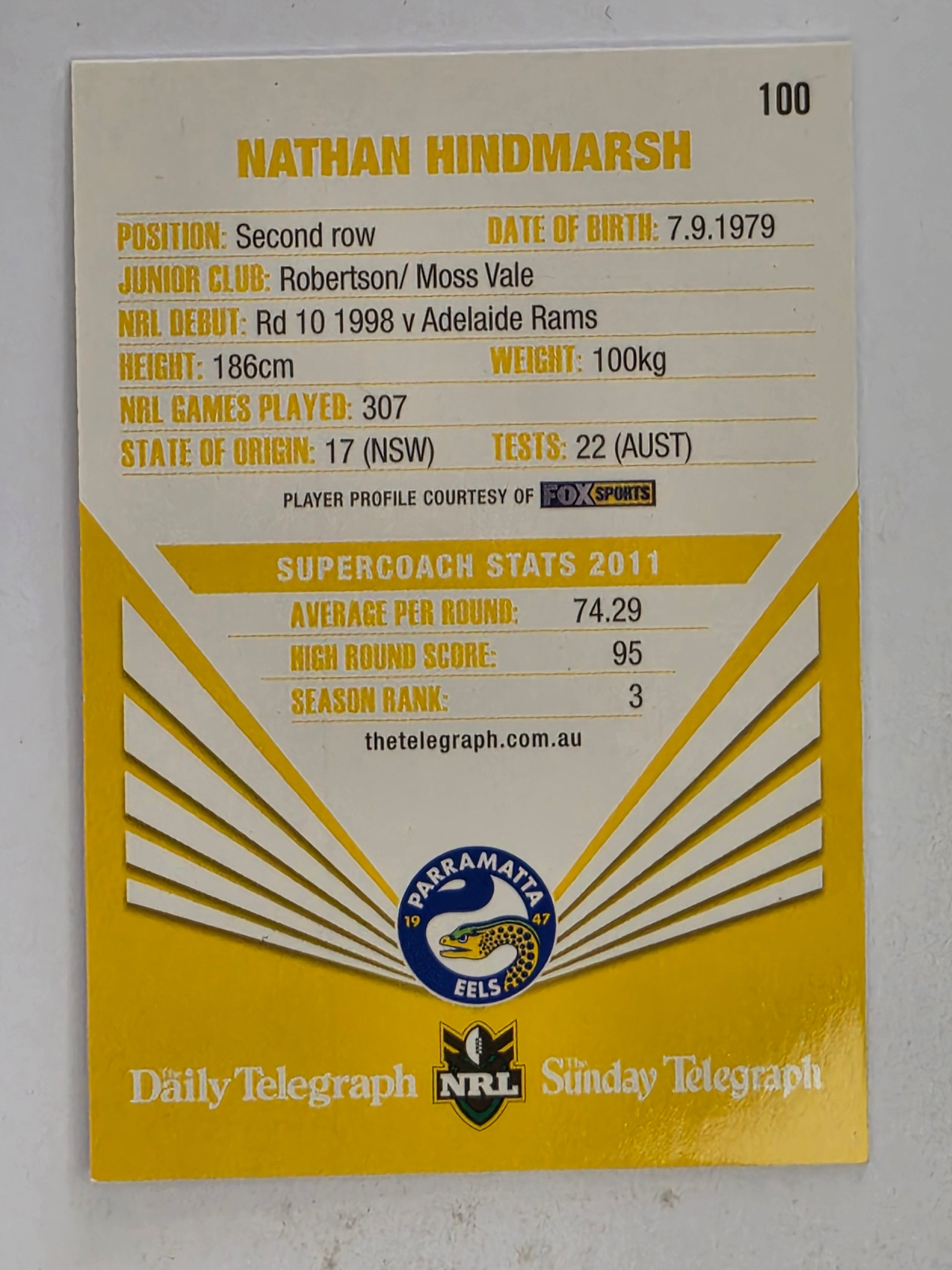 NRL 2012 Daily Telegraph | #100 Nathan Hindmarsh | Parramatta Eels