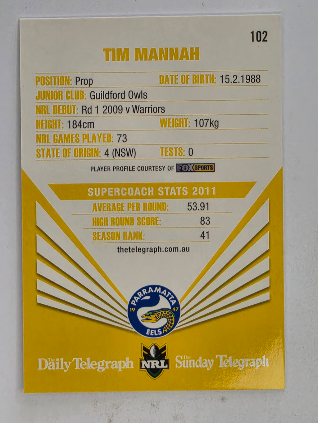 NRL 2012 Daily Telegraph | #102 Tim Mannah | Parramatta Eels
