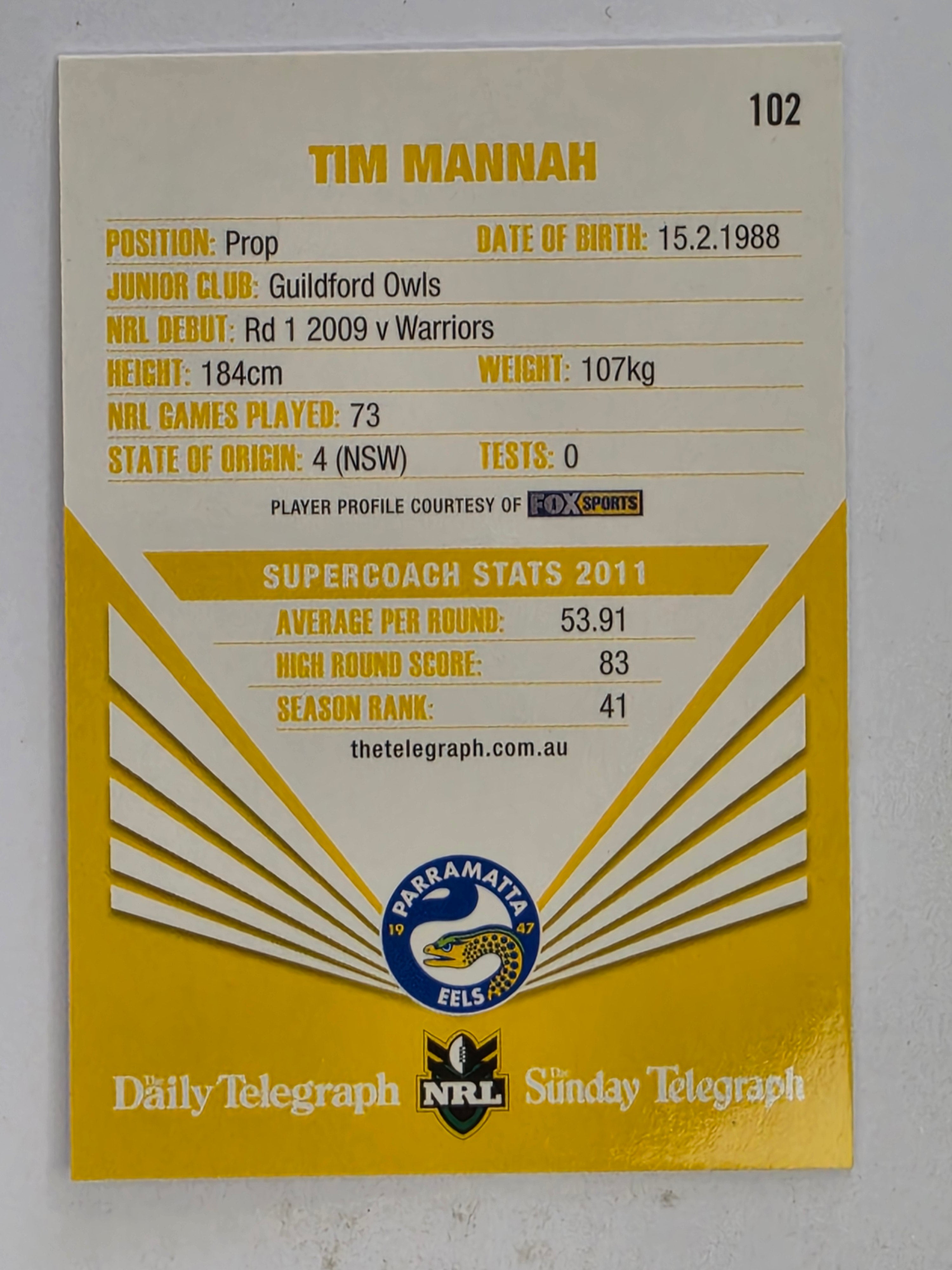 NRL 2012 Daily Telegraph | #102 Tim Mannah | Parramatta Eels