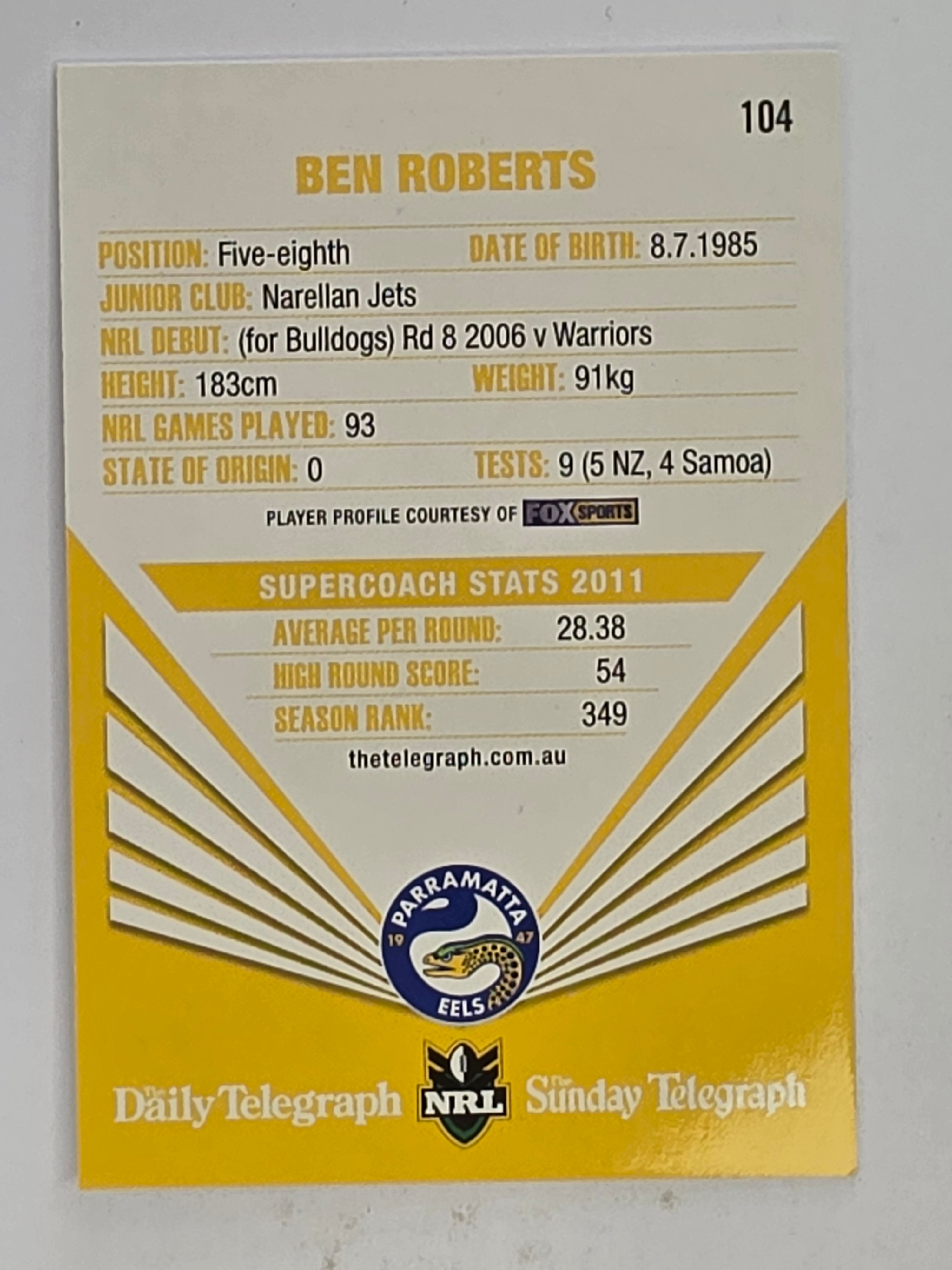 NRL 2012 Daily Telegraph | #104 Ben Roberts | Parramatta Eels