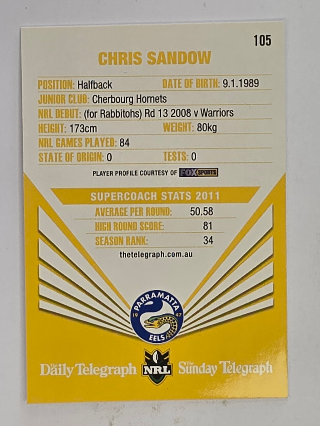 NRL 2012 Daily Telegraph | #105 Chris Sandow | Parramatta Eels
