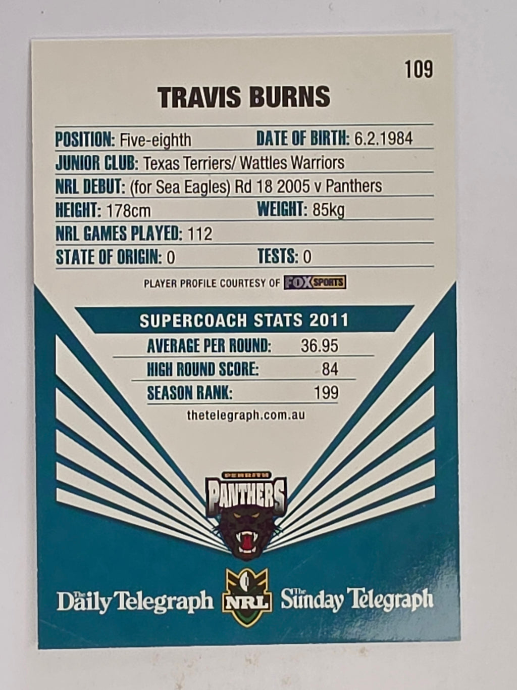 NRL 2012 Daily Telegraph | #109 Travis Burns | Penrith Panthers