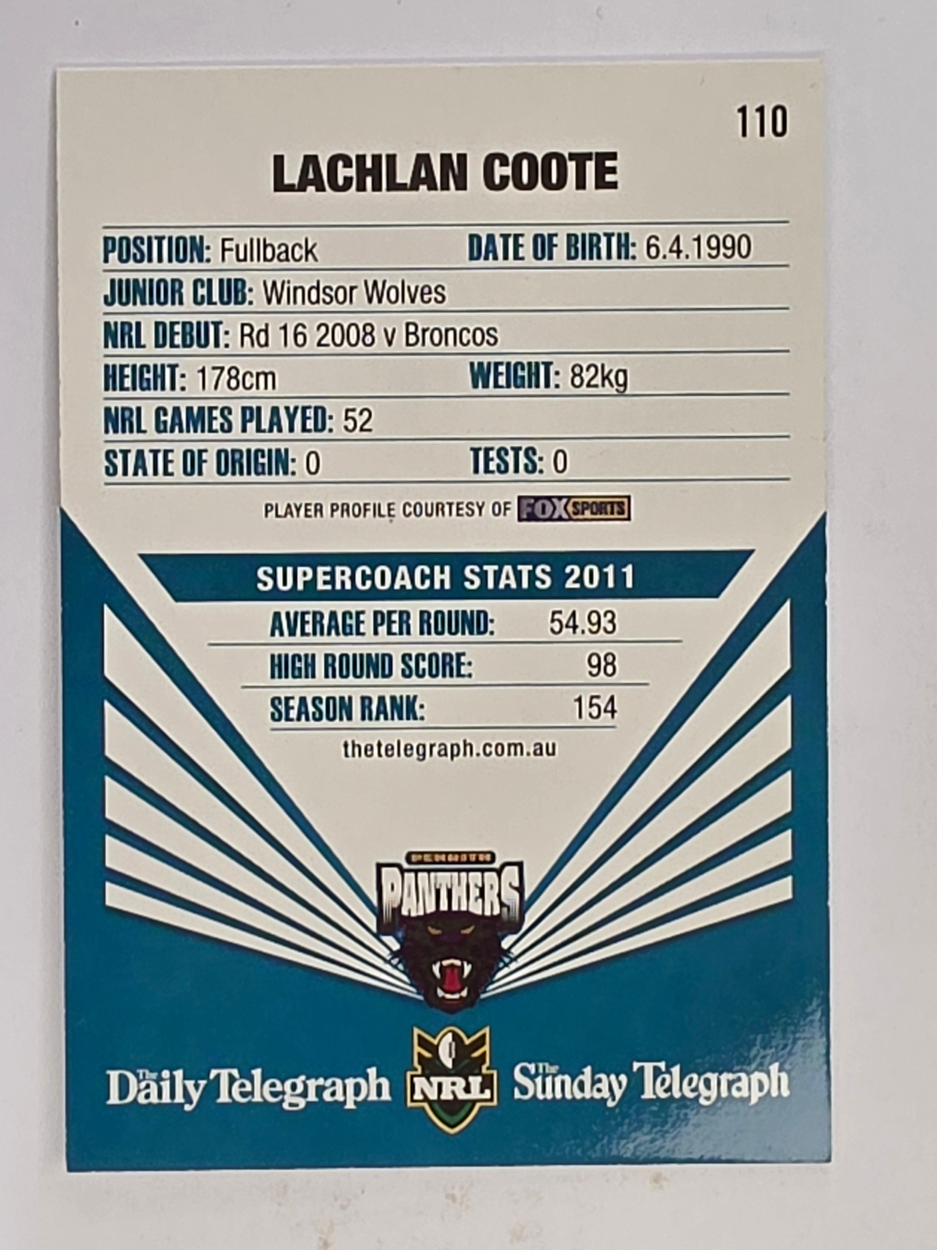 NRL 2012 Daily Telegraph | #110 Lachlan Coote | Penrith Panthers
