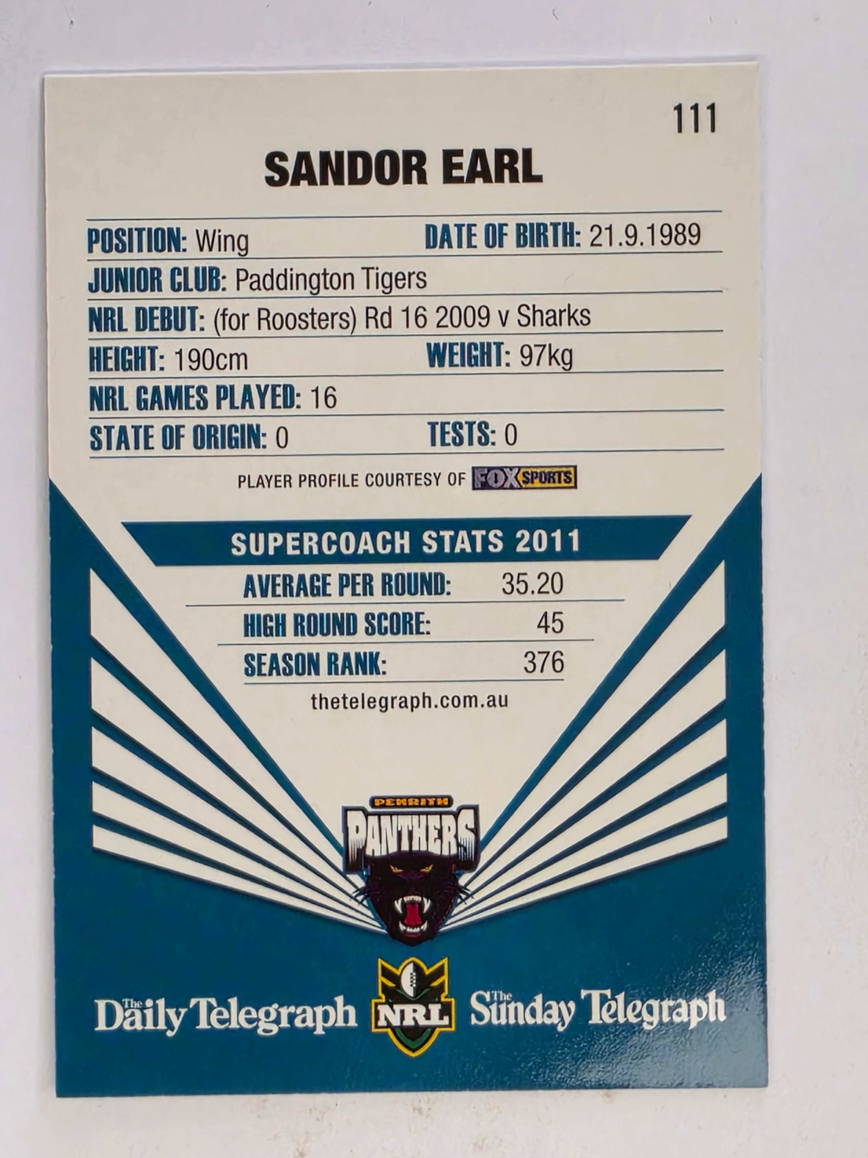 NRL 2012 Daily Telegraph | #111 Sandor Earl | Penrith Panthers