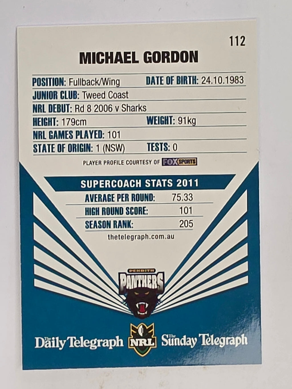 NRL 2012 Daily Telegraph | #112 Michael Gordon | Penrith Panthers