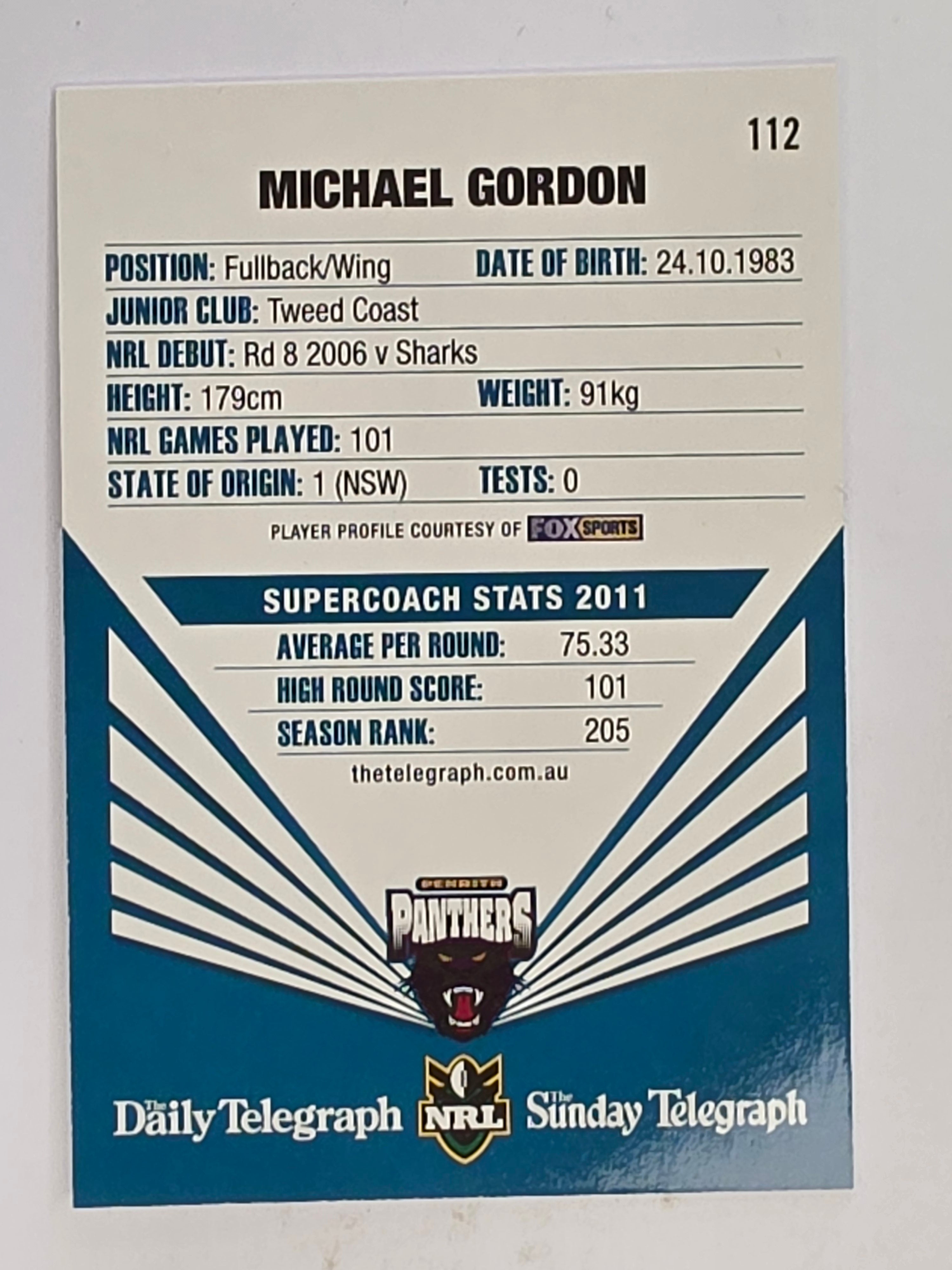 NRL 2012 Daily Telegraph | #112 Michael Gordon | Penrith Panthers