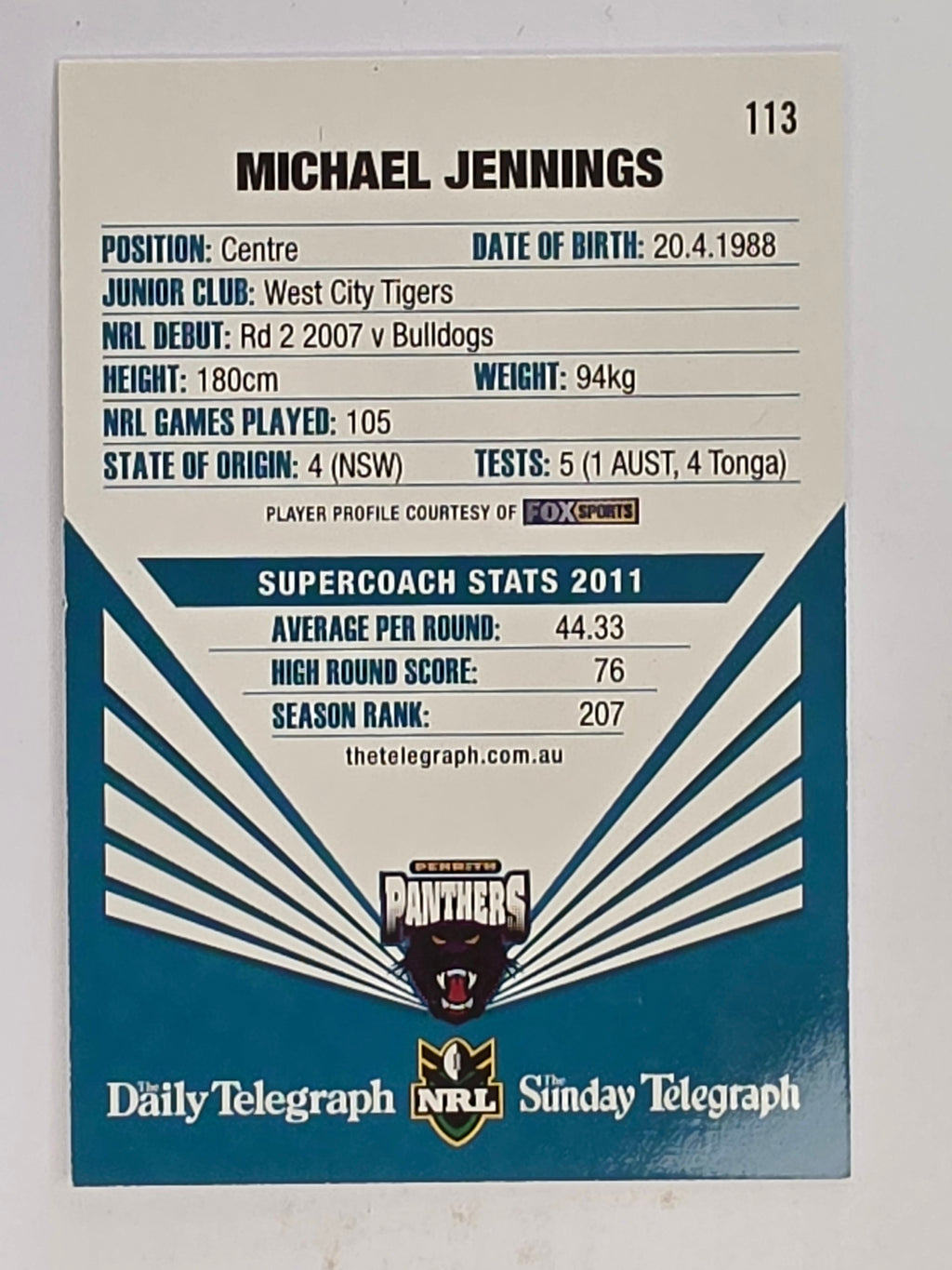 NRL 2012 Daily Telegraph | #113 Michael Jennings | Penrith Panthers
