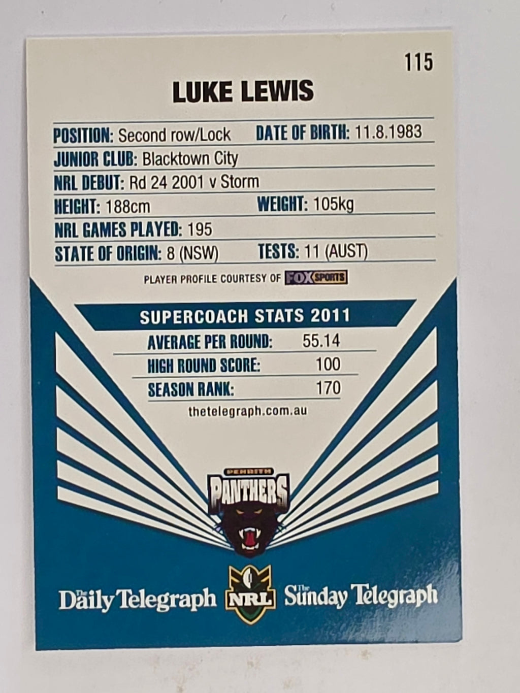 NRL 2012 Daily Telegraph | #115 Luke Lewis | Penrith Panthers