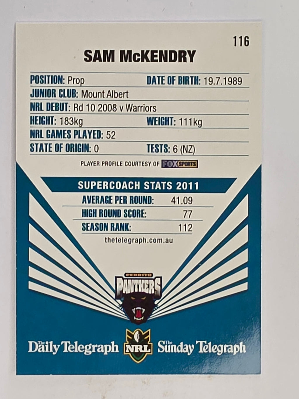 NRL 2012 Daily Telegraph | #116 Sam McKendry | Penrith Panthers