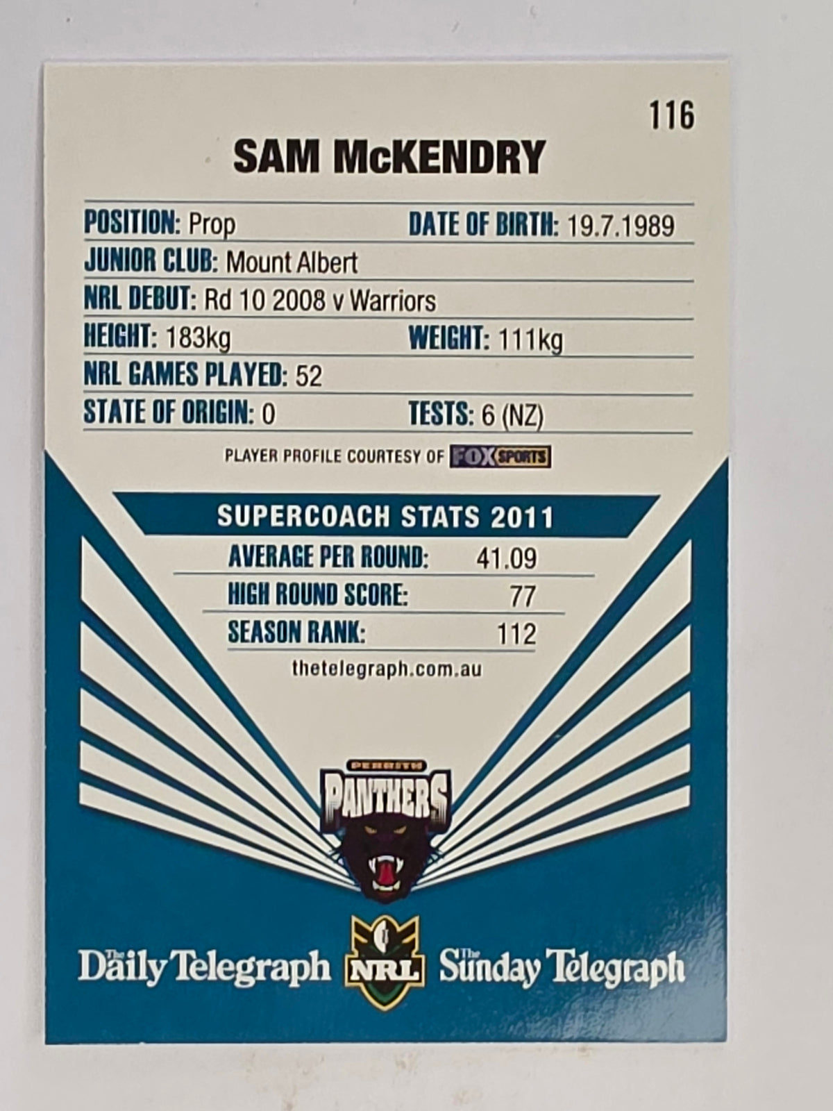 NRL 2012 Daily Telegraph | #116 Sam McKendry | Penrith Panthers