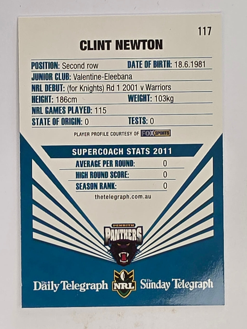 NRL 2012 Daily Telegraph | #117 Clint Newton | Penrith Panthers