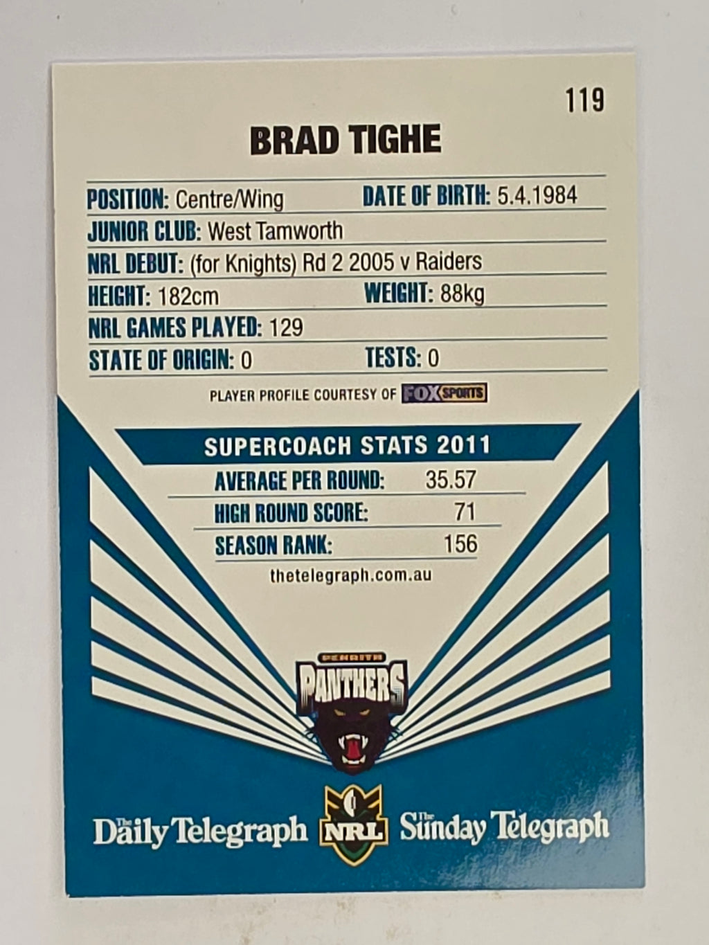 NRL 2012 Daily Telegraph | #119 Brad Tighe | Penrith Panthers