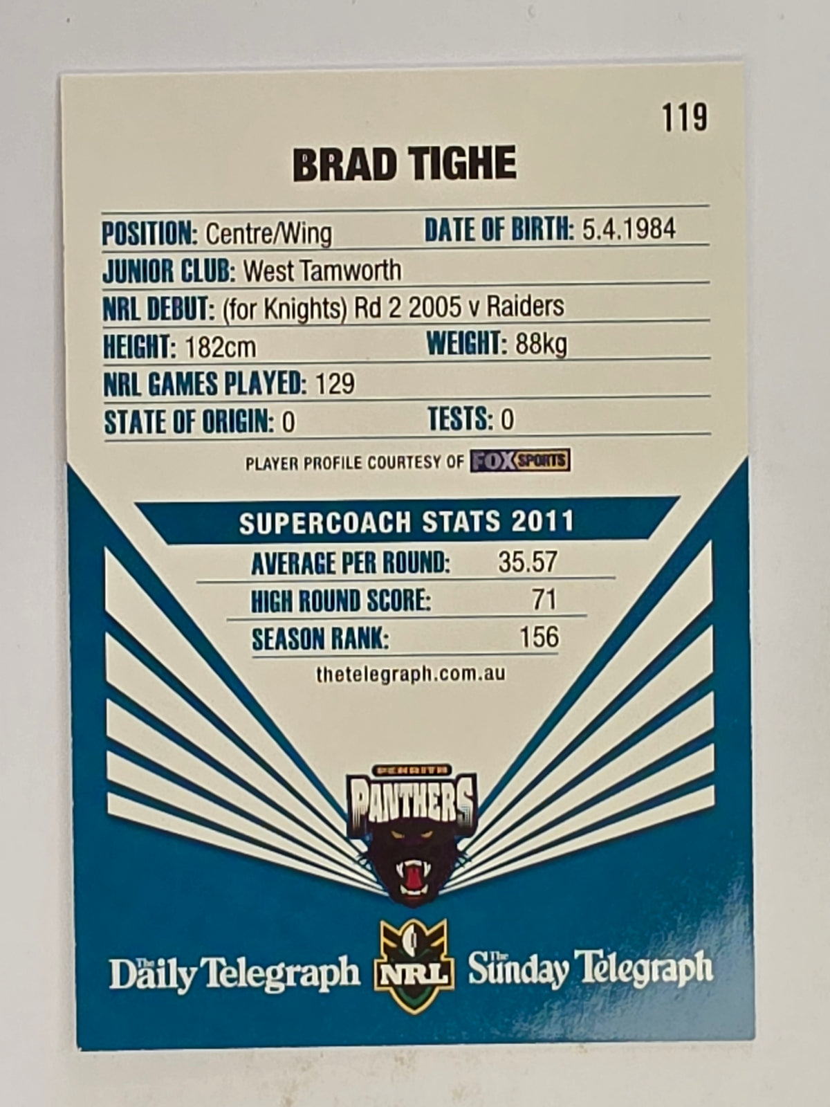 NRL 2012 Daily Telegraph | #119 Brad Tighe | Penrith Panthers
