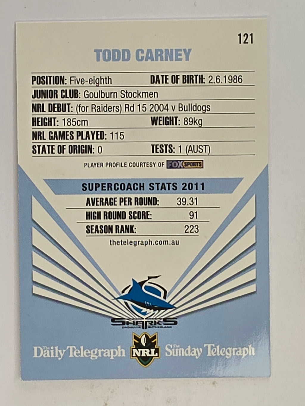 NRL 2012 Daily Telegraph | #121 Todd Carney | Cronulla Sutherland Sharks