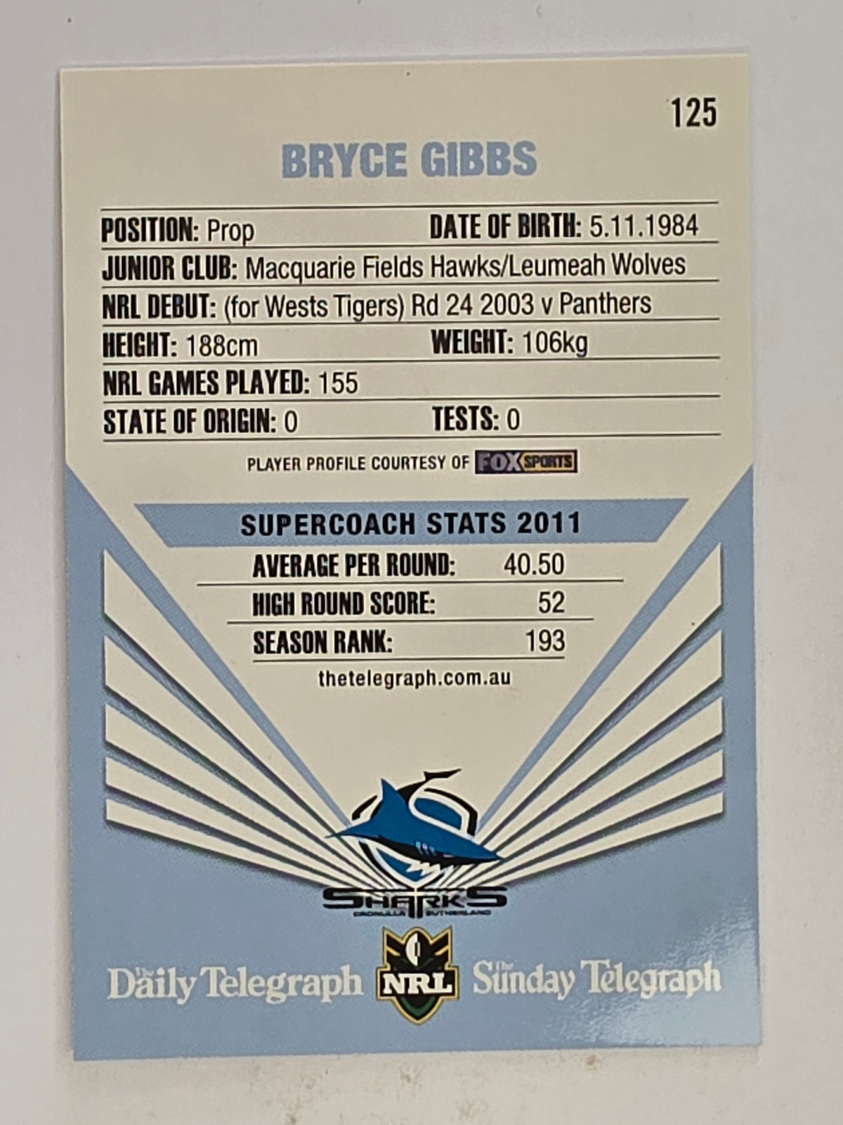 NRL 2012 Daily Telegraph | #125 Bryce Gibbs | Cronulla Sutherland Sharks