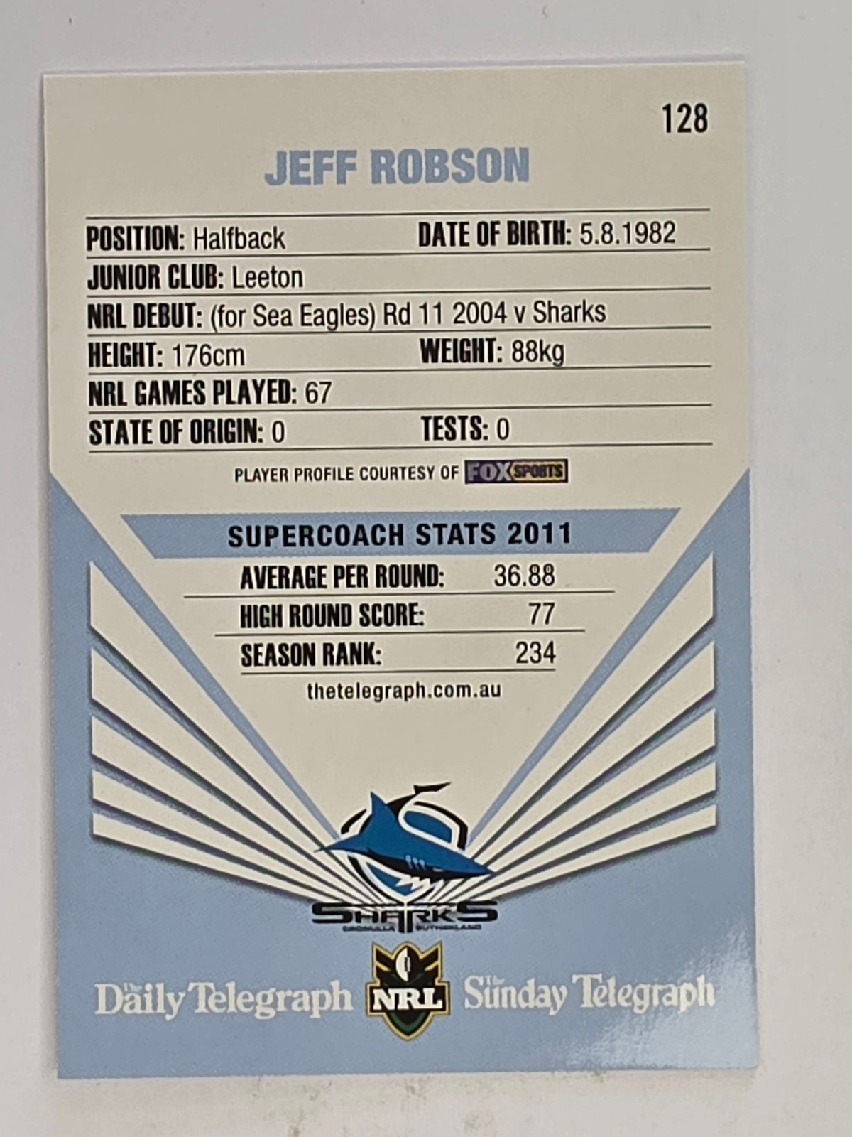 NRL 2012 Daily Telegraph | #128 Jeff Robson | Cronulla Sutherland Sharks