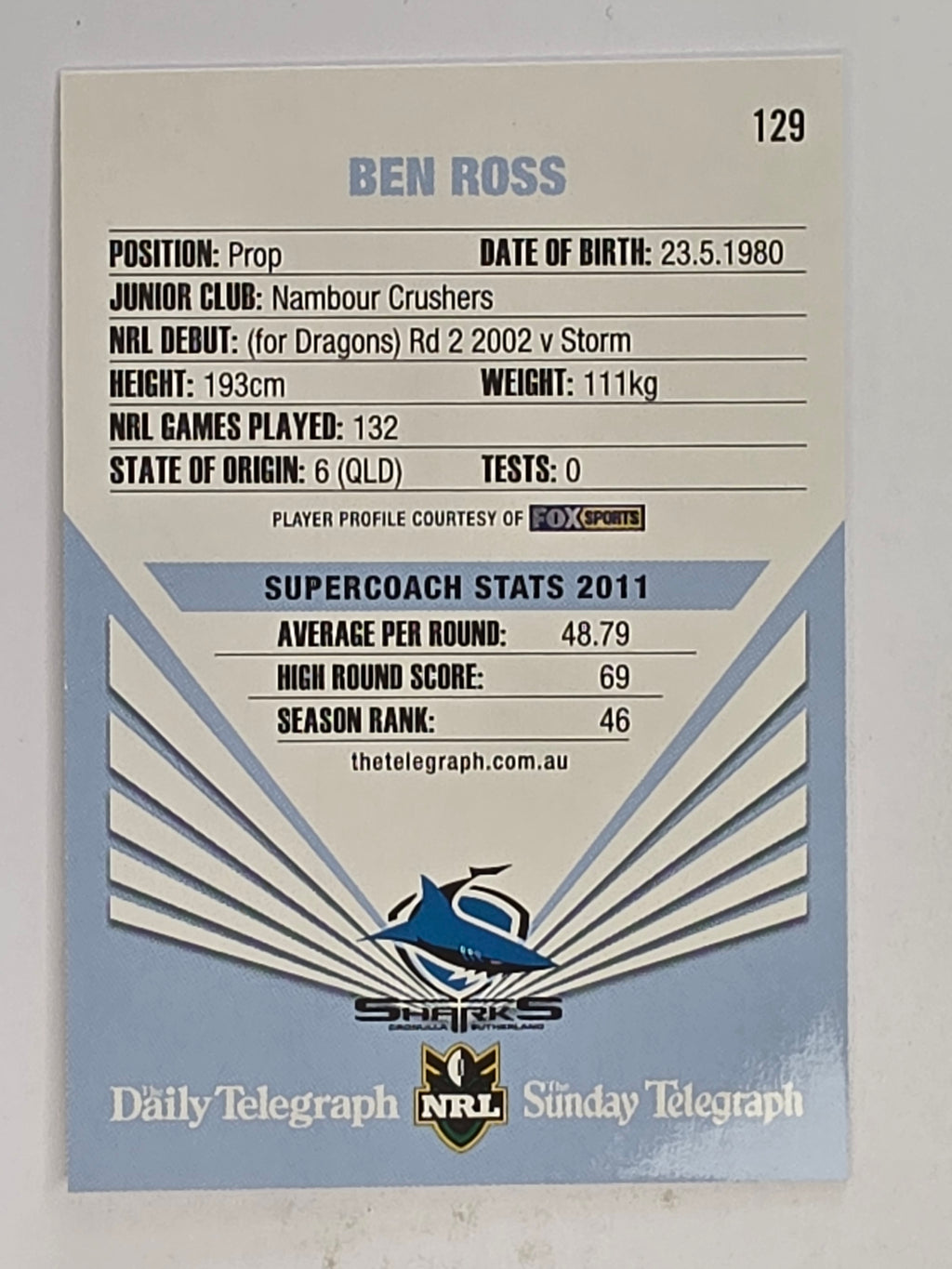 NRL 2012 Daily Telegraph | #129 Ben Ross | Cronulla Sutherland Sharks