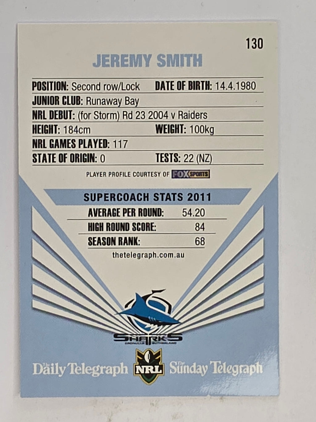 NRL 2012 Daily Telegraph | #130 Jeremy Smith | Cronulla Sutherland Sharks