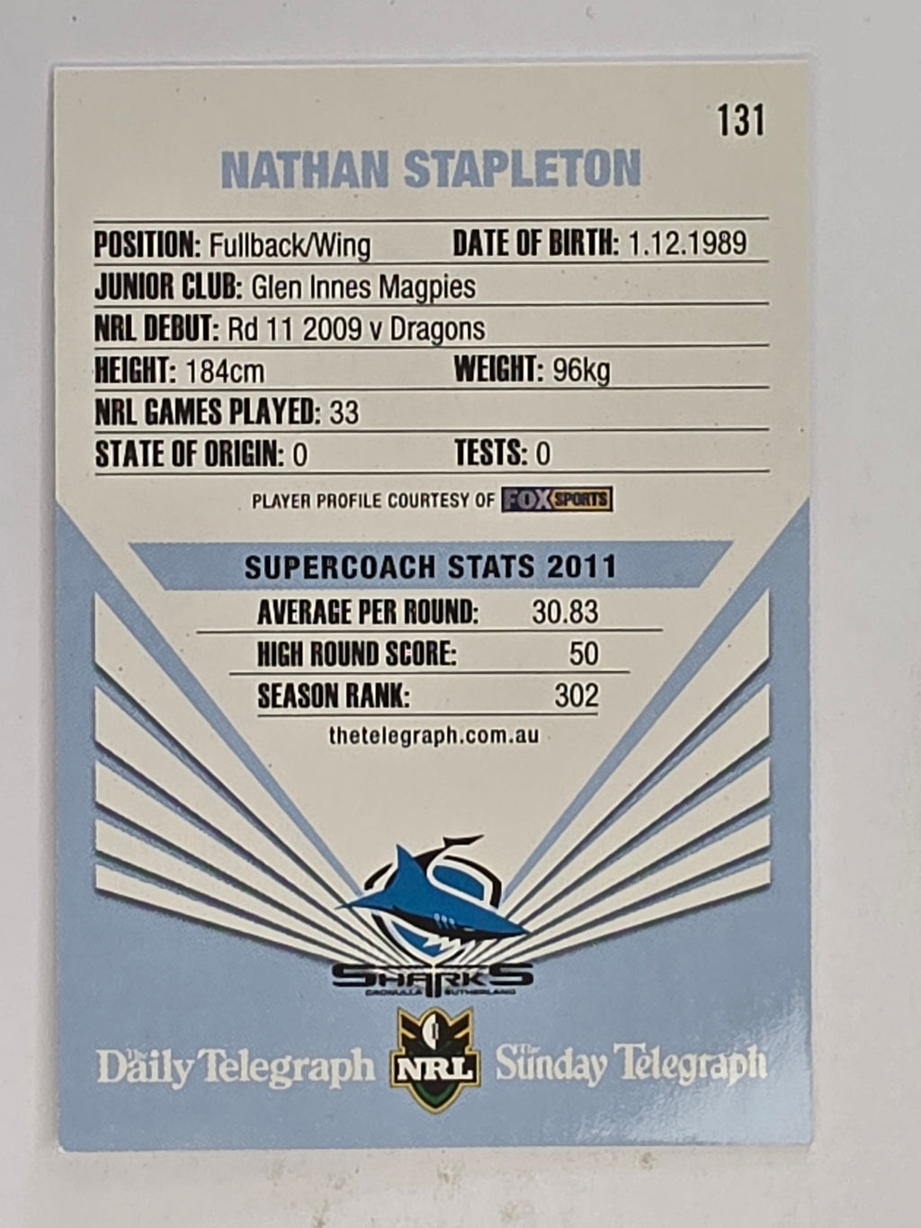 NRL 2012 Daily Telegraph | #131 Nathan Stapleton | Cronulla Sutherland Sharks