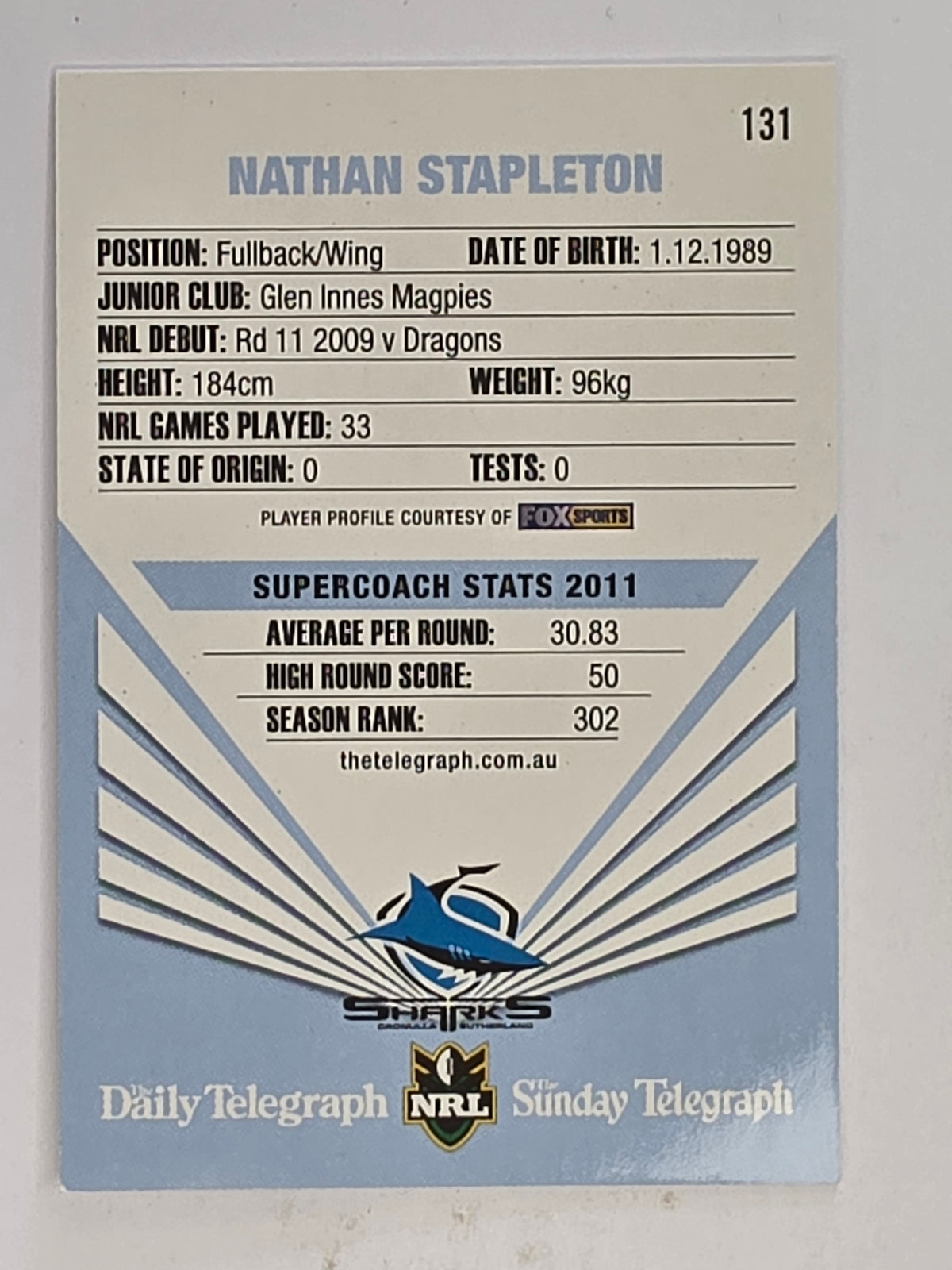 NRL 2012 Daily Telegraph | #131 Nathan Stapleton | Cronulla Sutherland Sharks