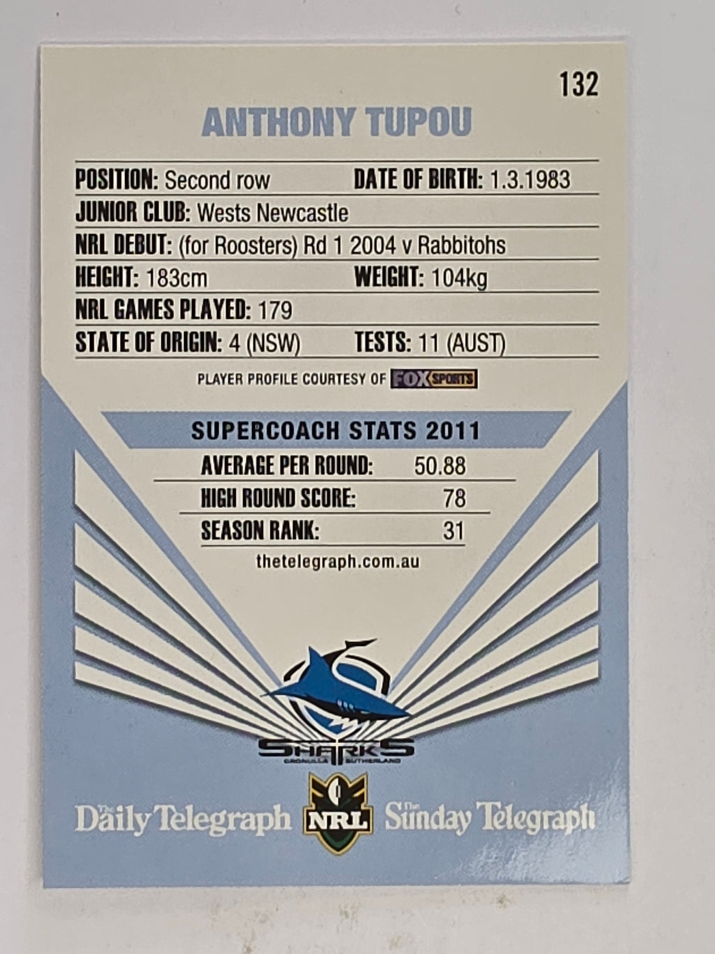 NRL 2012 Daily Telegraph | #132 Anthony Tupou | Cronulla Sutherland Sharks