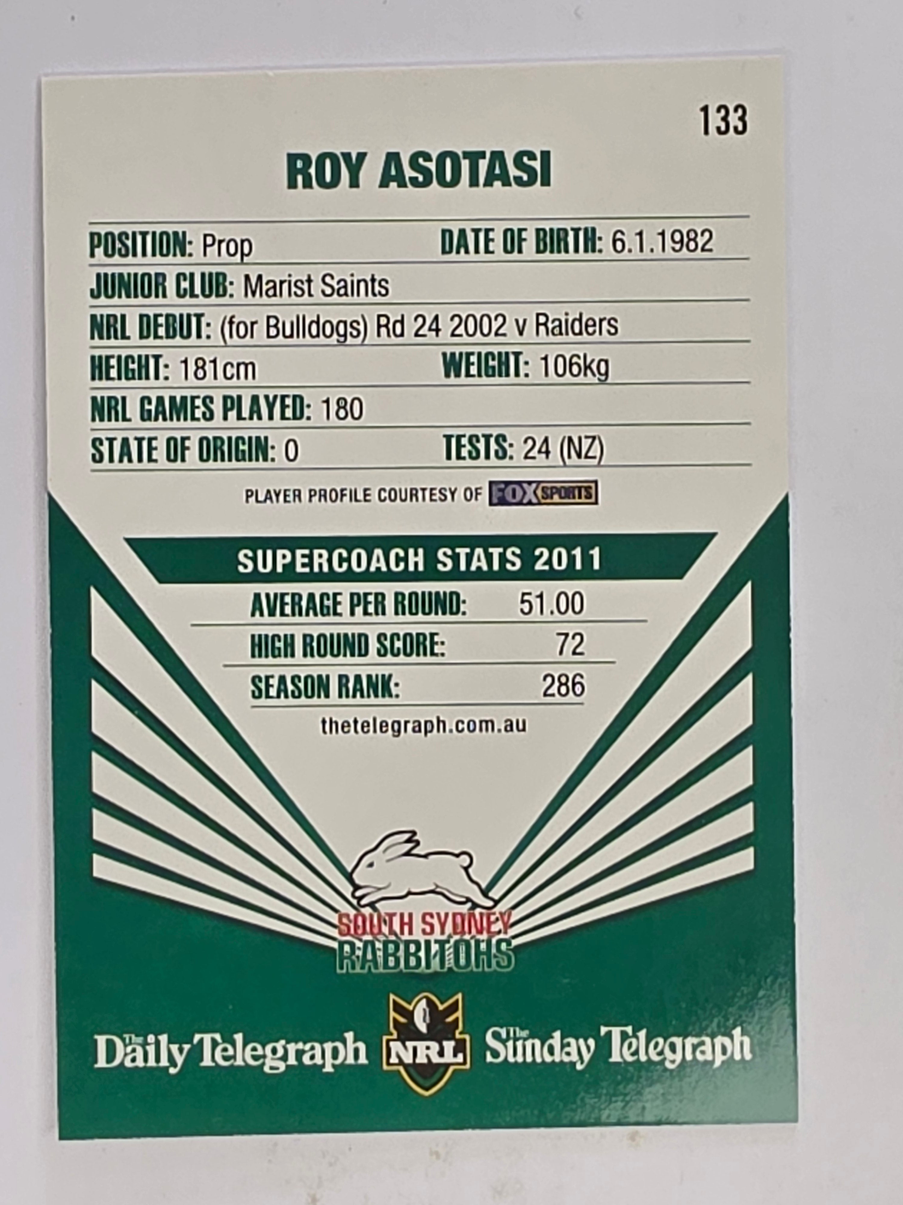 NRL 2012 Daily Telegraph | #133 Roy Asotasi | South Sydney Rabbitohs