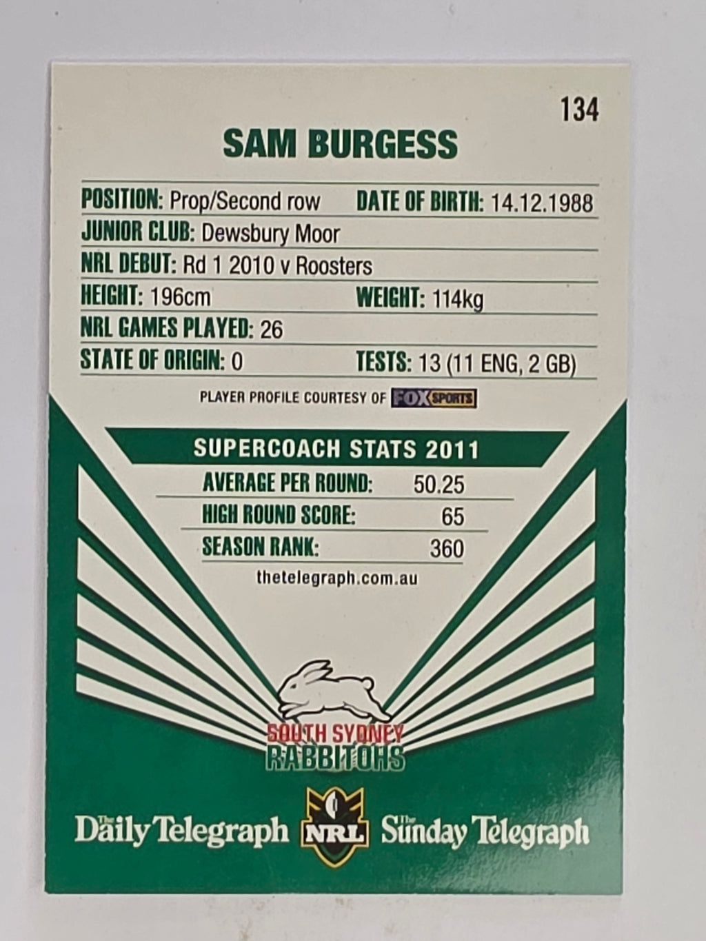 NRL 2012 Daily Telegraph | #134 Sam Burgess | South Sydney Rabbitohs