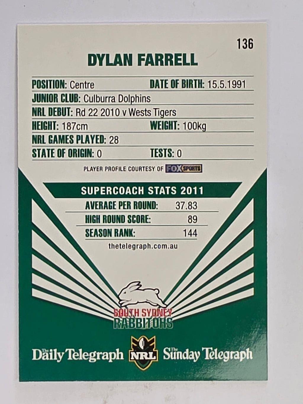 NRL 2012 Daily Telegraph | #136 Dylan Farrell | South Sydney Rabbitohs