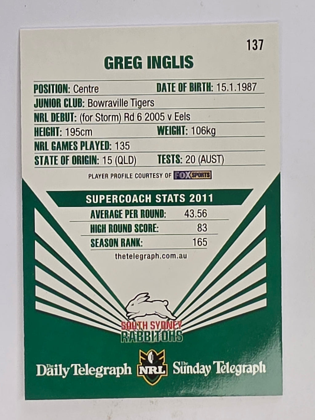 NRL 2012 Daily Telegraph | #137 Greg Inglis | South Sydney Rabbitohs