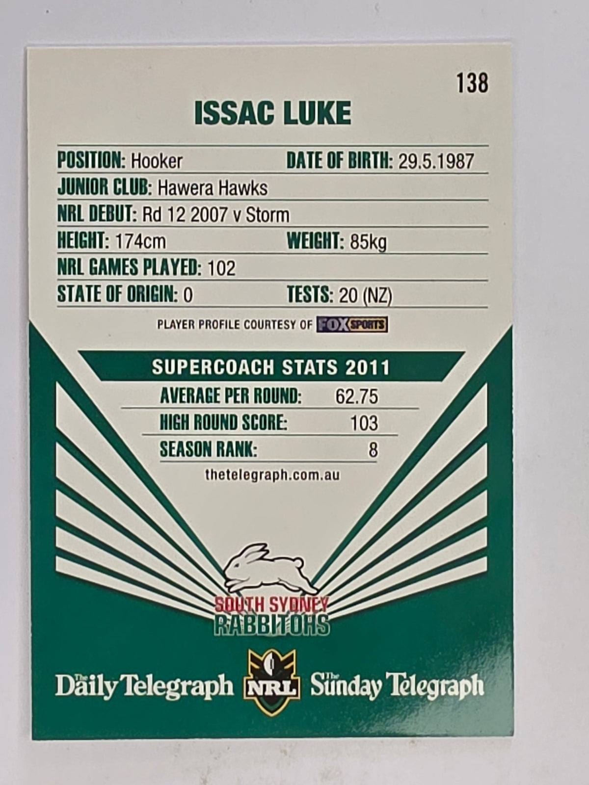 NRL 2012 Daily Telegraph | #138 Issac Luke | South Sydney Rabbitohs