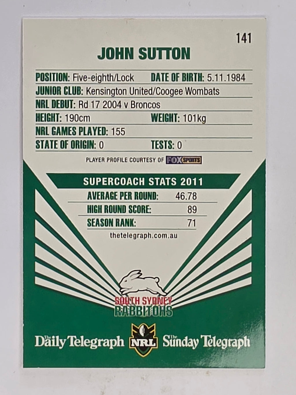 NRL 2012 Daily Telegraph | #141 John Sutton | South Sydney Rabbitohs