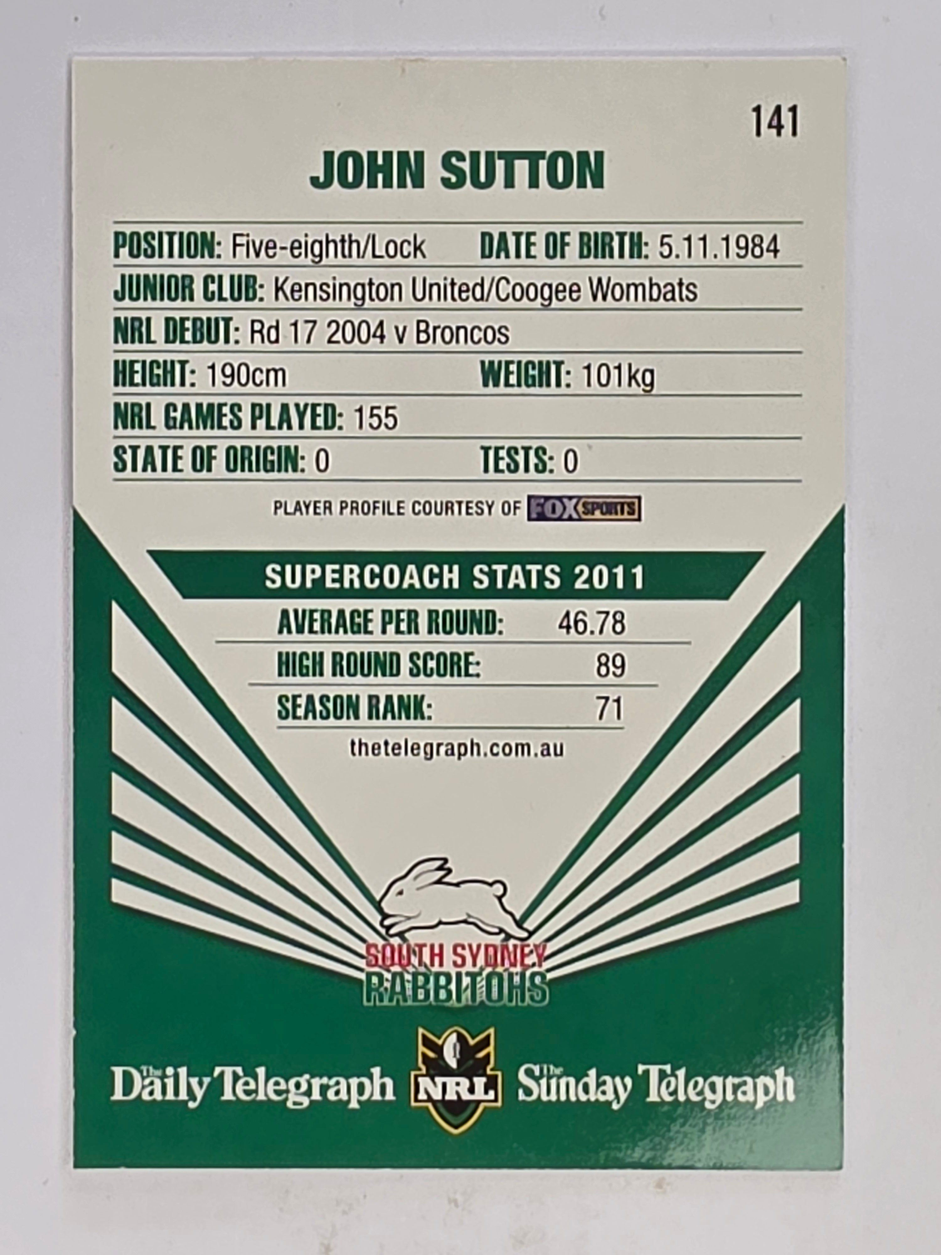 NRL 2012 Daily Telegraph | #141 John Sutton | South Sydney Rabbitohs
