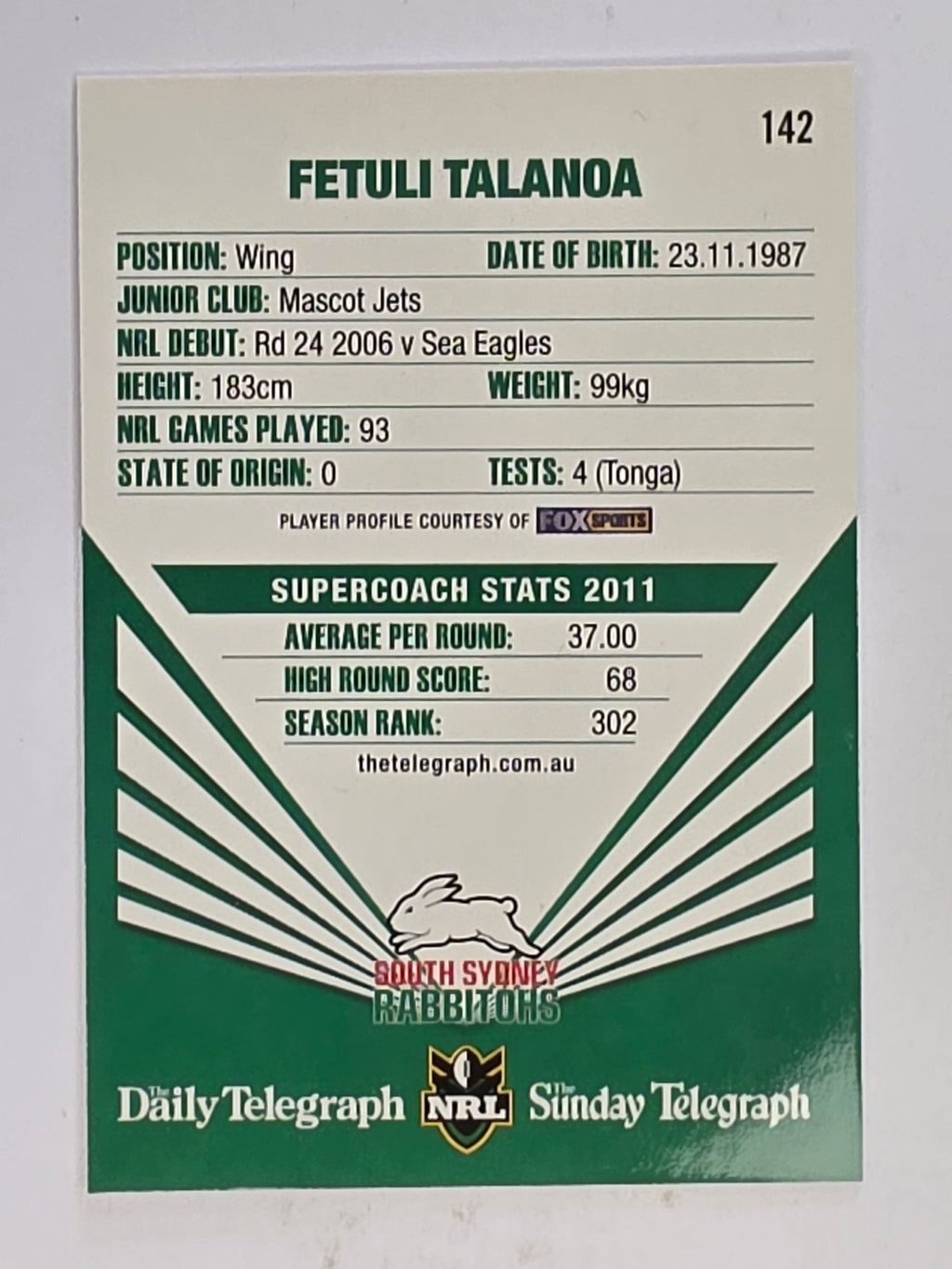 NRL 2012 Daily Telegraph | #142 Fetuli Talanoa | South Sydney Rabbitohs