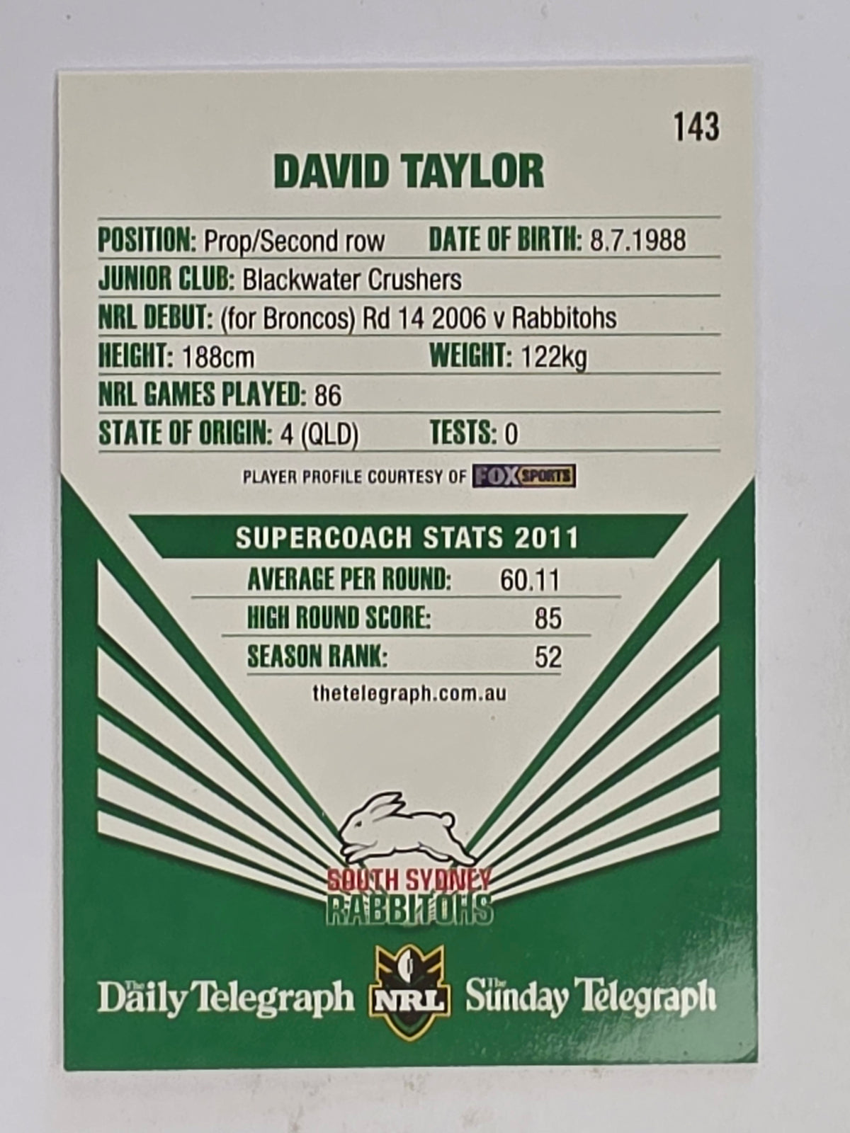 NRL 2012 Daily Telegraph | #143 David Taylor | South Sydney Rabbitohs