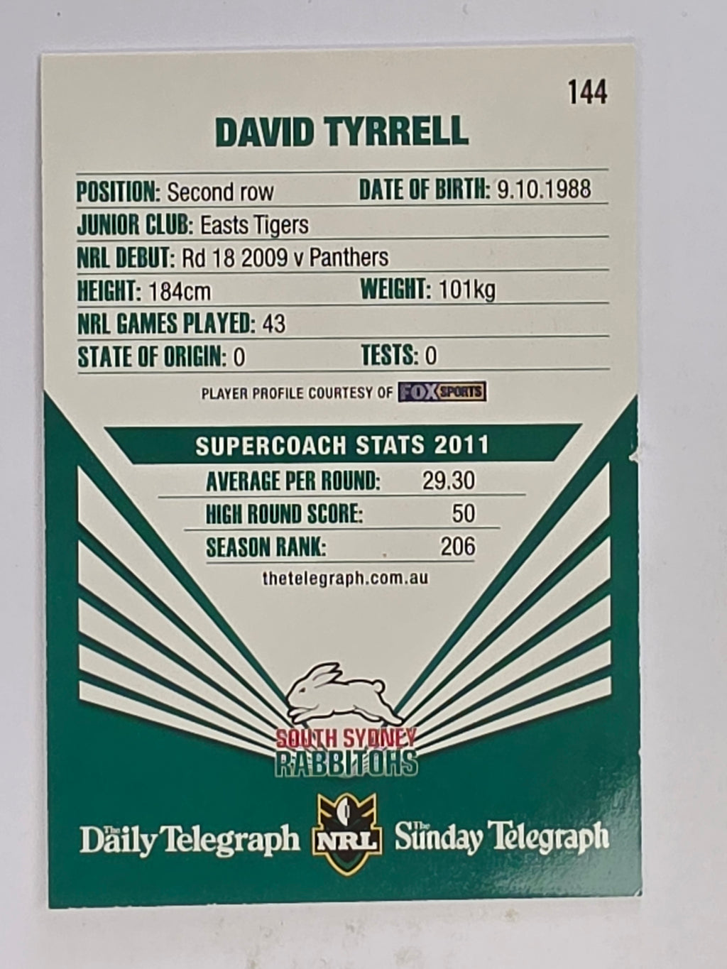 NRL 2012 Daily Telegraph | #144 David Tyrrell | South Sydney Rabbitohs