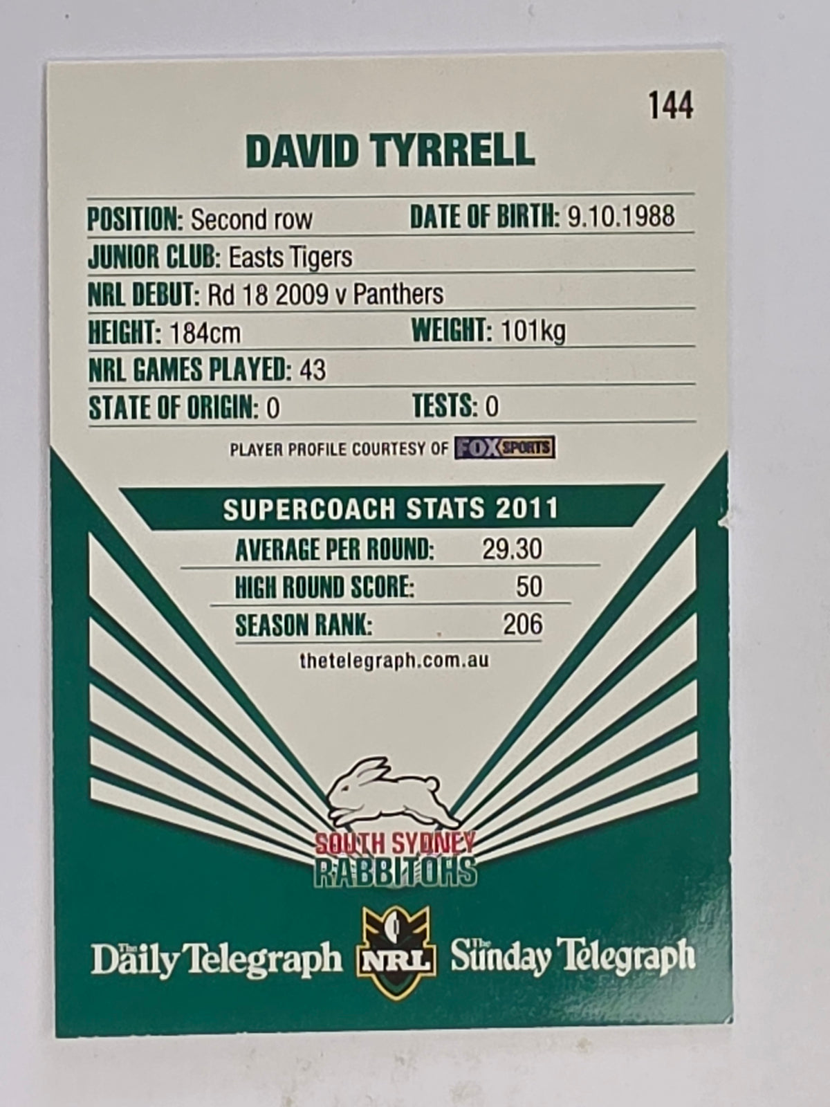 NRL 2012 Daily Telegraph | #144 David Tyrrell | South Sydney Rabbitohs