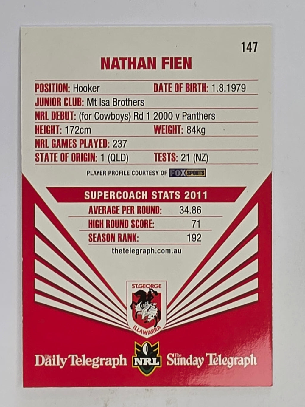NRL 2012 Daily Telegraph | #147 Nathan Fien | St George Illawarra Dragons