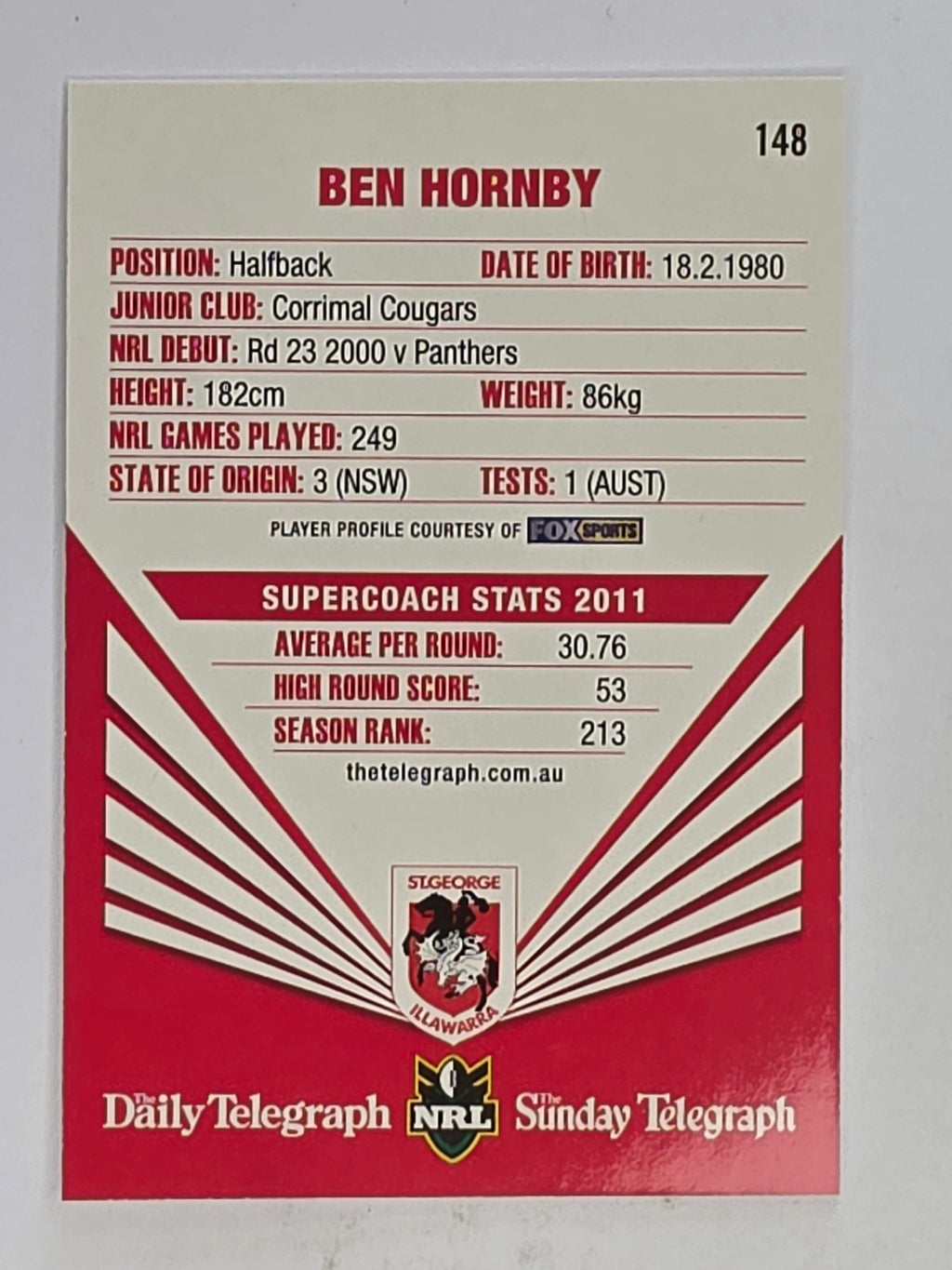 NRL 2012 Daily Telegraph | #148 Ben Hornby | St George Illawarra Dragons