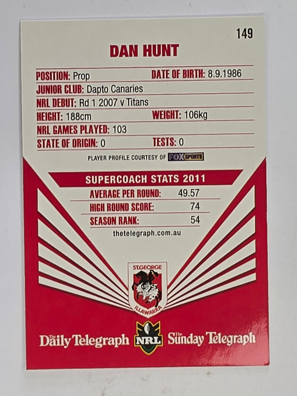 NRL 2012 Daily Telegraph | #149 Dan Hunt | St George Illawarra Dragons